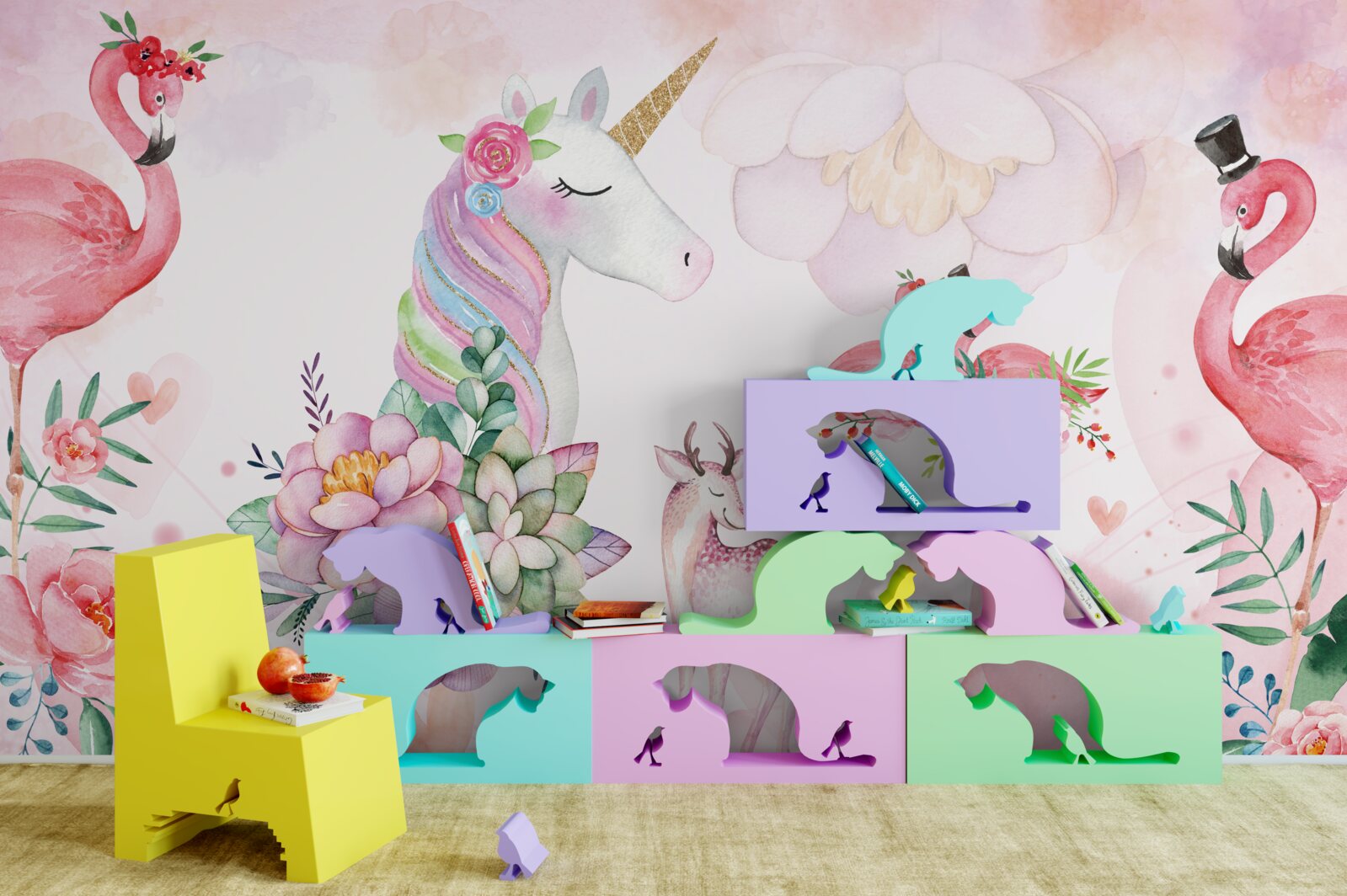 Fototapeta różowe zwierzęta ozdobione kwiatami