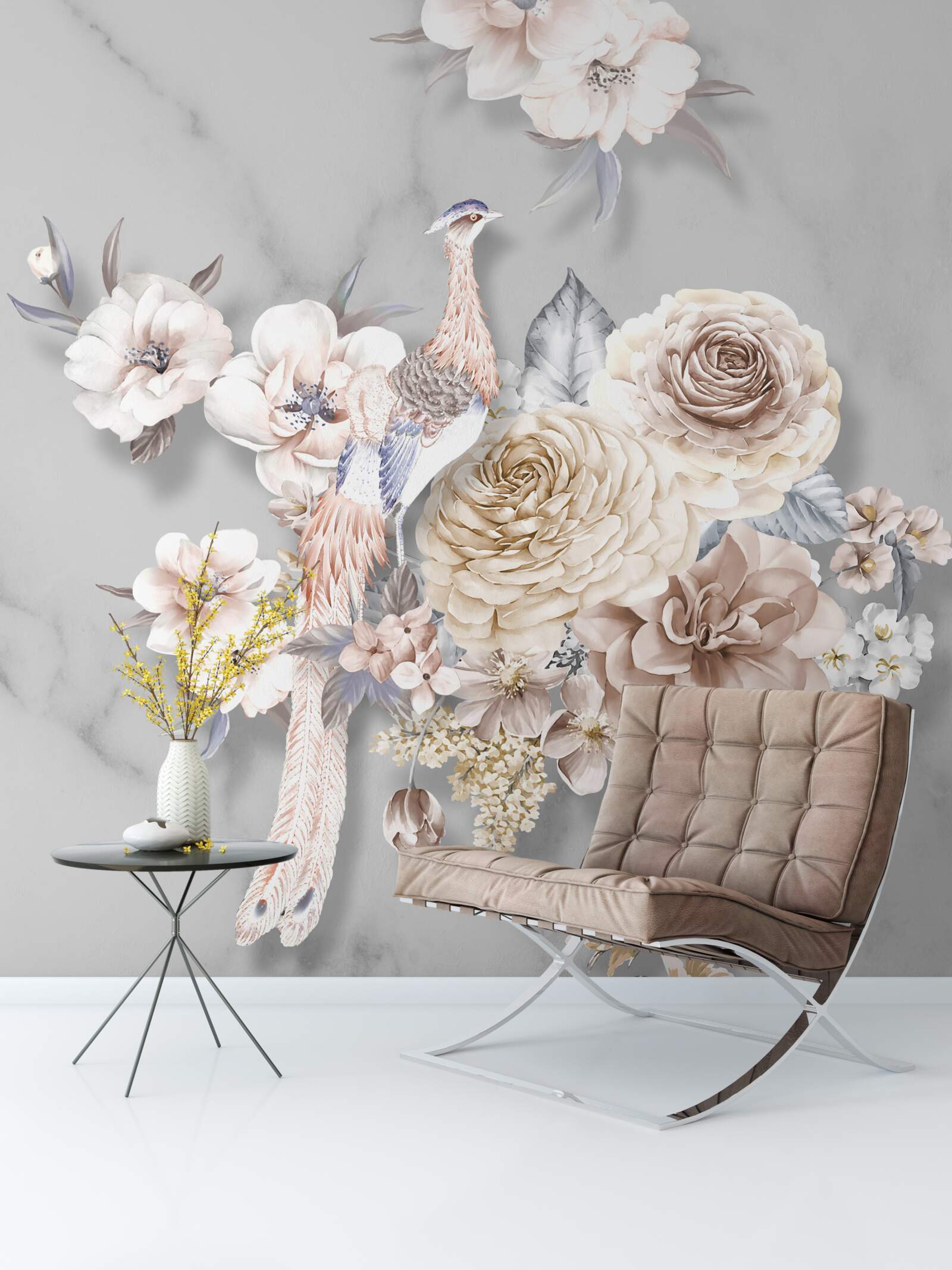 Fototapeta kompozycja kwiatowa z pawiem