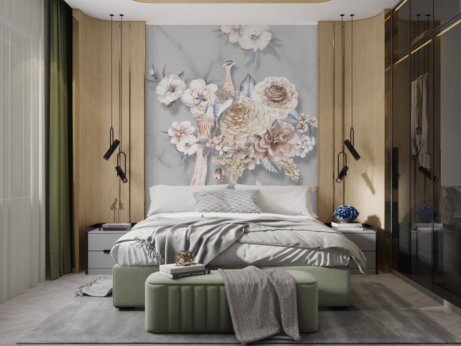 Fototapeta kompozycja kwiatowa z pawiem