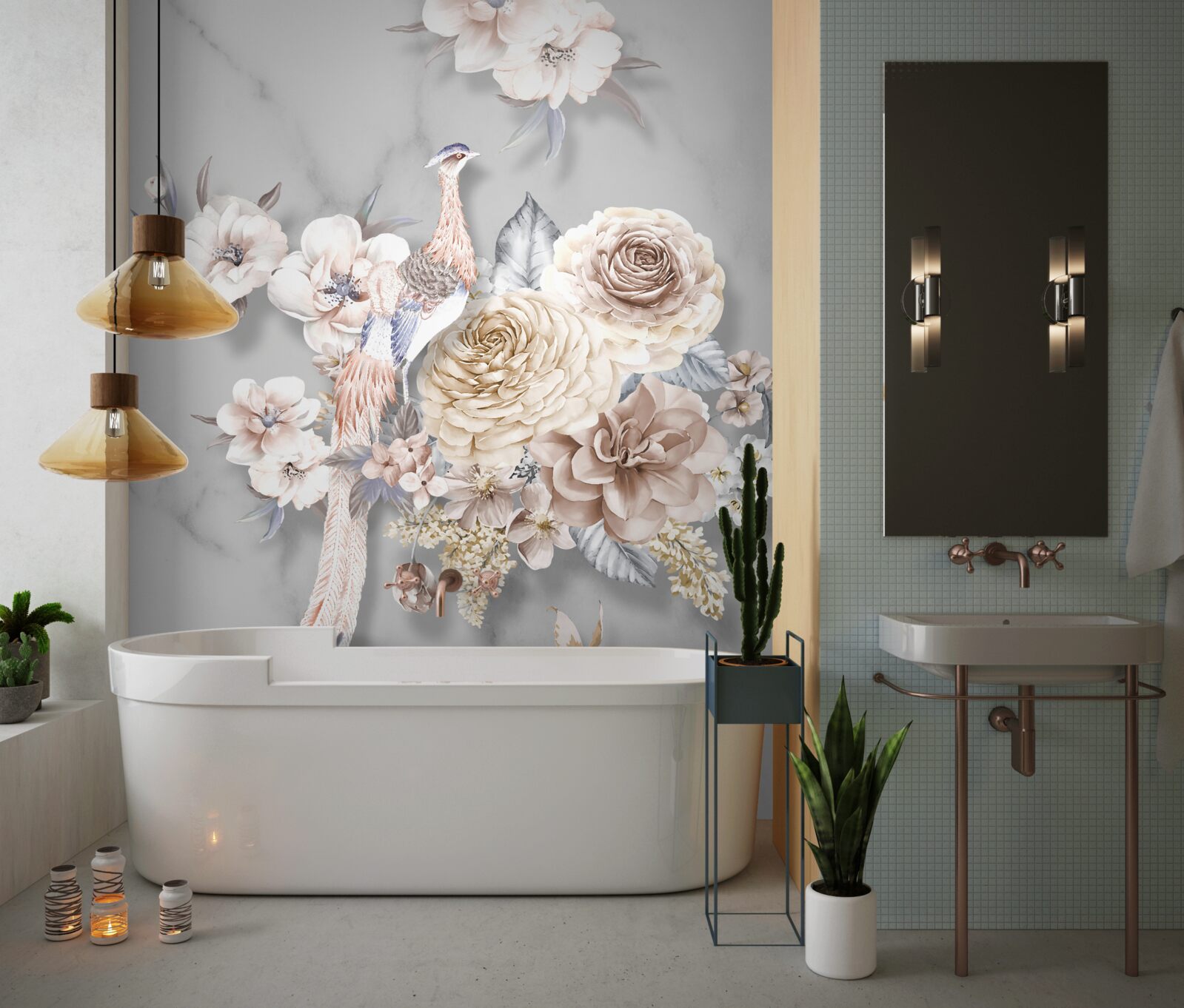 Fototapeta kompozycja kwiatowa z pawiem