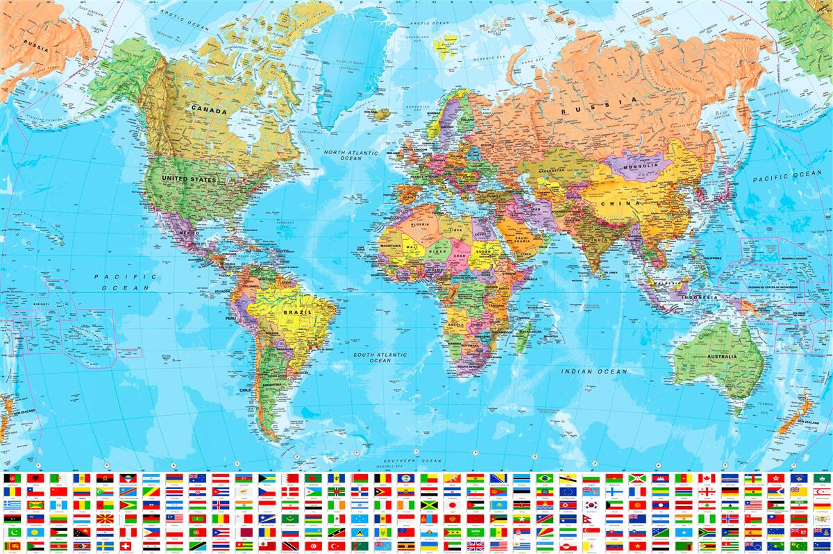 Fototapeta mapa świata pokazująca flagi państw