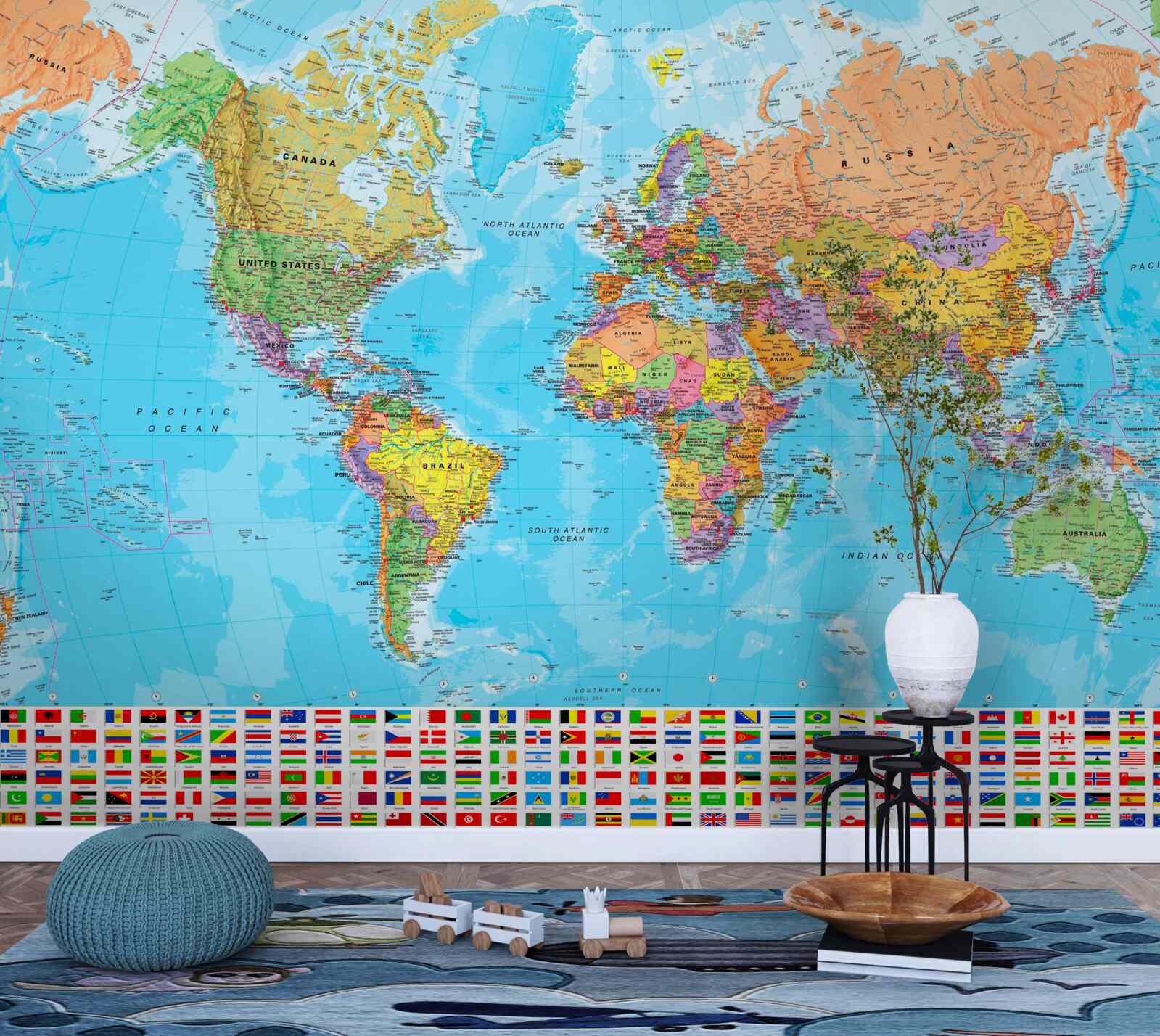 Fototapeta mapa świata pokazująca flagi państw