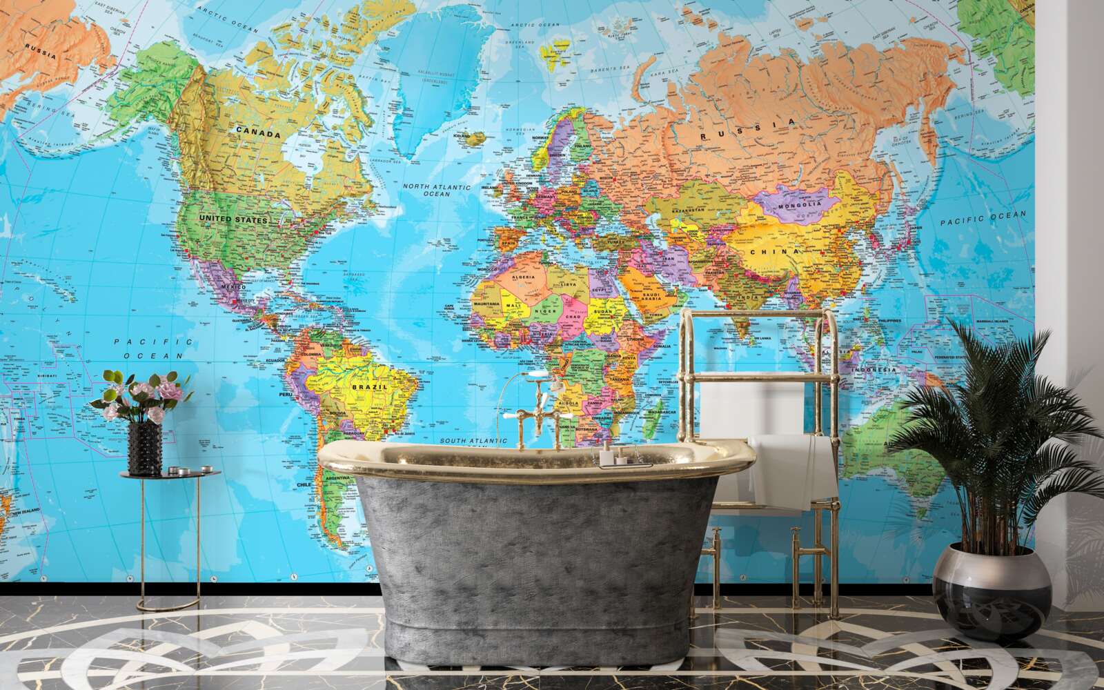 Fototapeta mapa świata pokazująca flagi państw