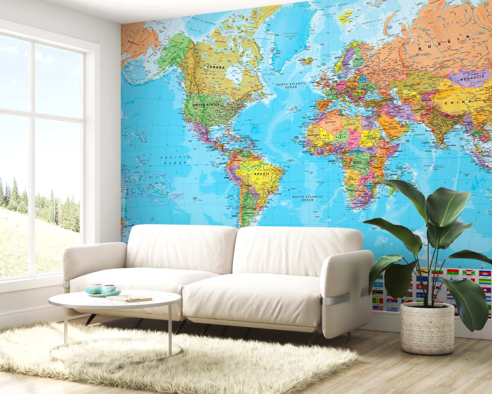 Fototapeta mapa świata pokazująca flagi państw