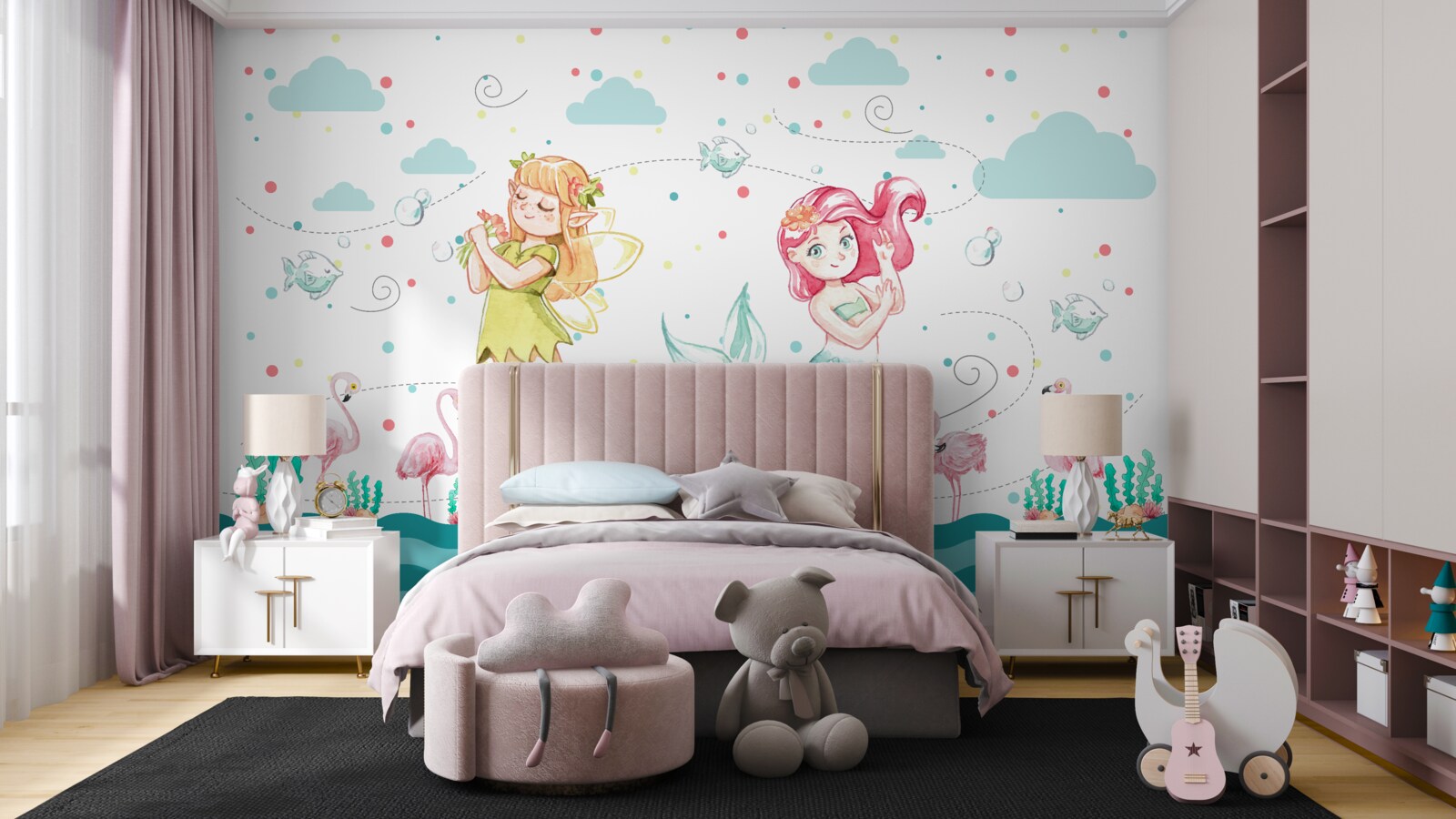 Fototapeta w pobliżu wody znajdują się malwy i syrena