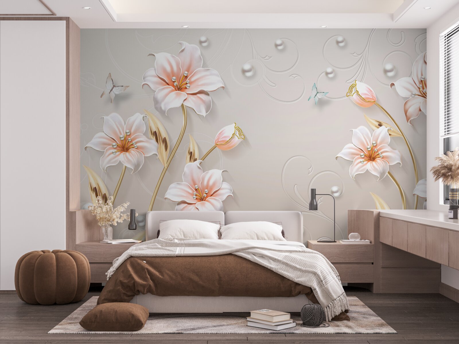 Fototapeta kwiaty wykonane z metalu i masy perłowej