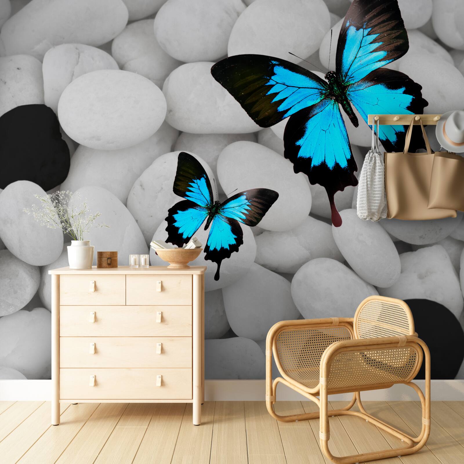 Fototapeta barwne motyle na jasnych kamieniach