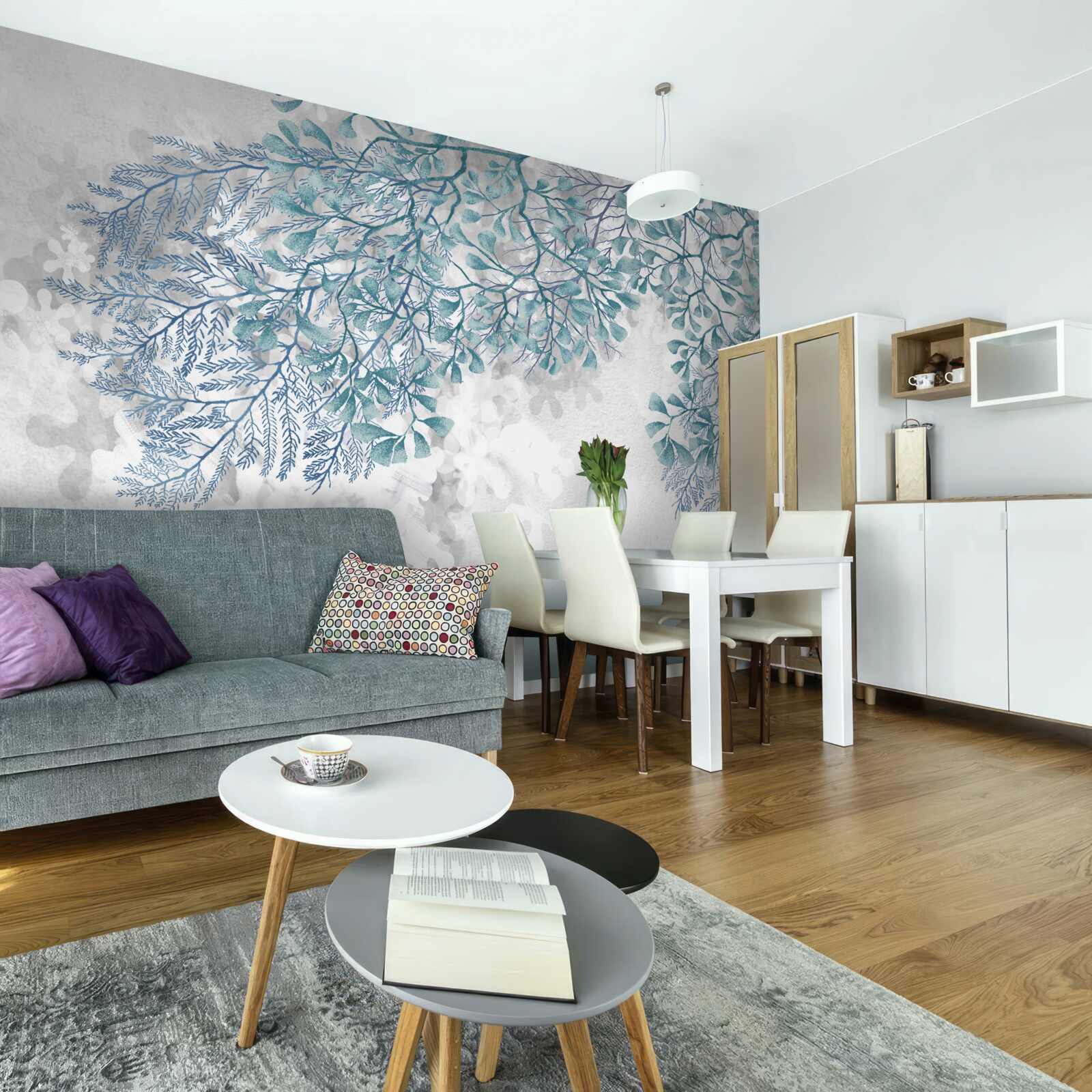 Fototapeta białe tło z zielonymi liśćmi