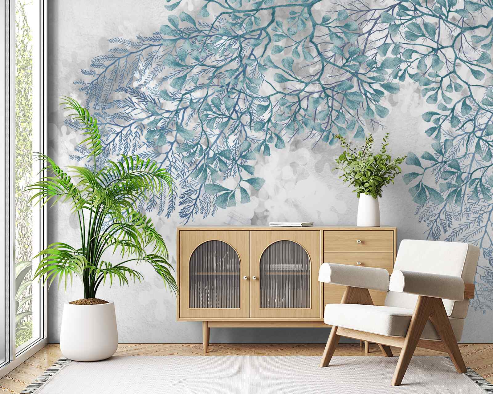 Fototapeta białe tło z zielonymi liśćmi