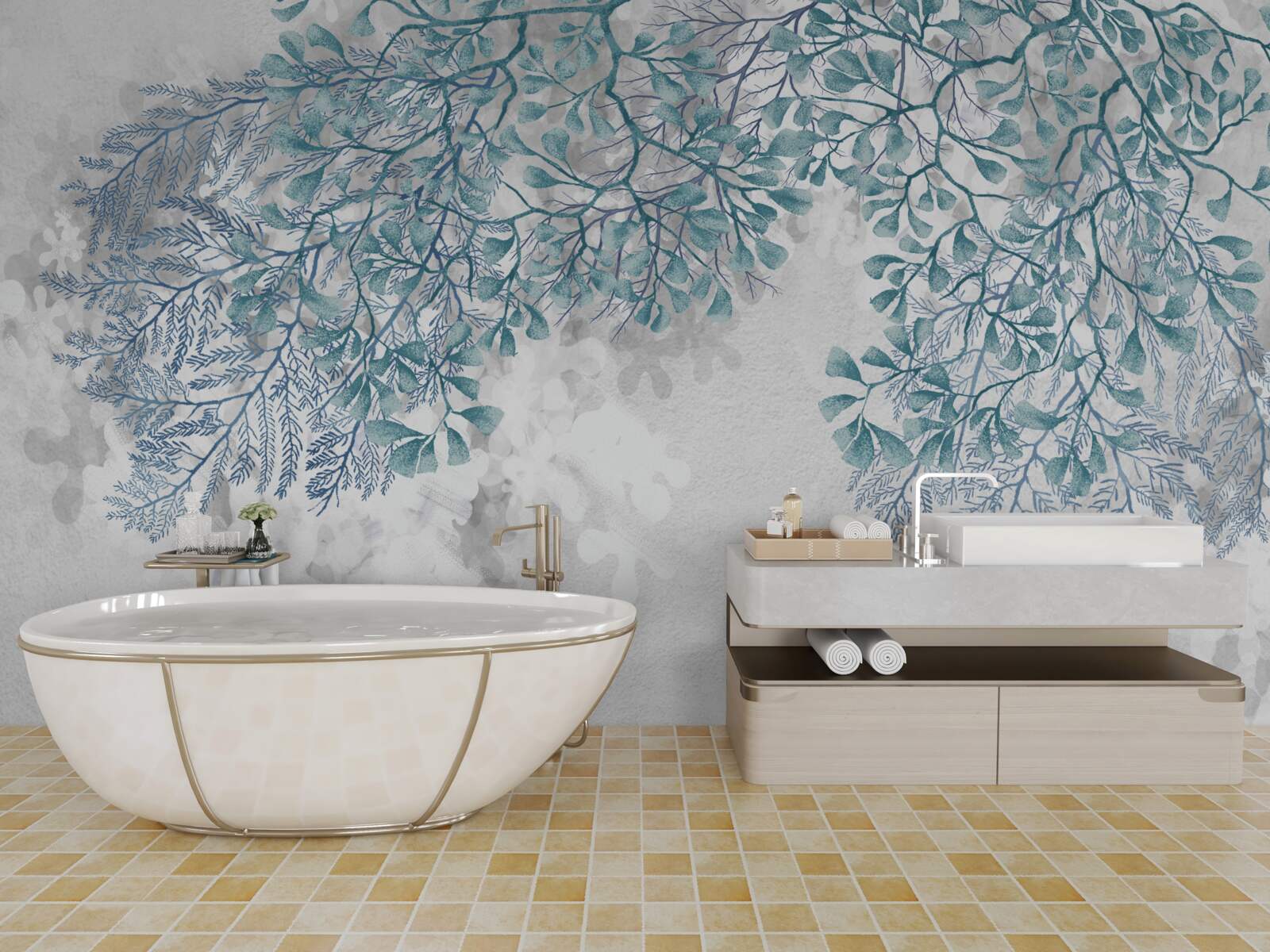 Fototapeta białe tło z zielonymi liśćmi