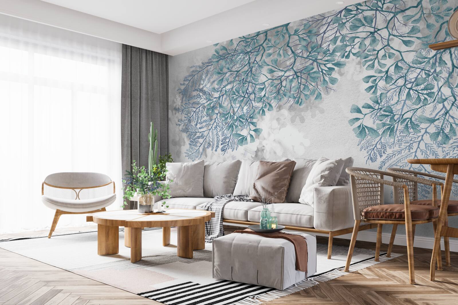 Fototapeta białe tło z zielonymi liśćmi