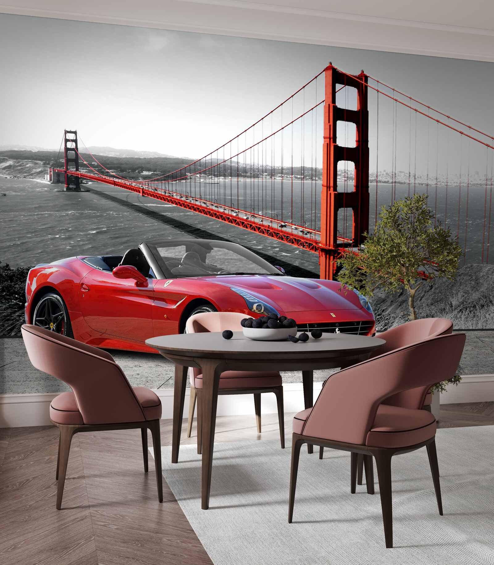 Fototapeta czerwony samochód i most