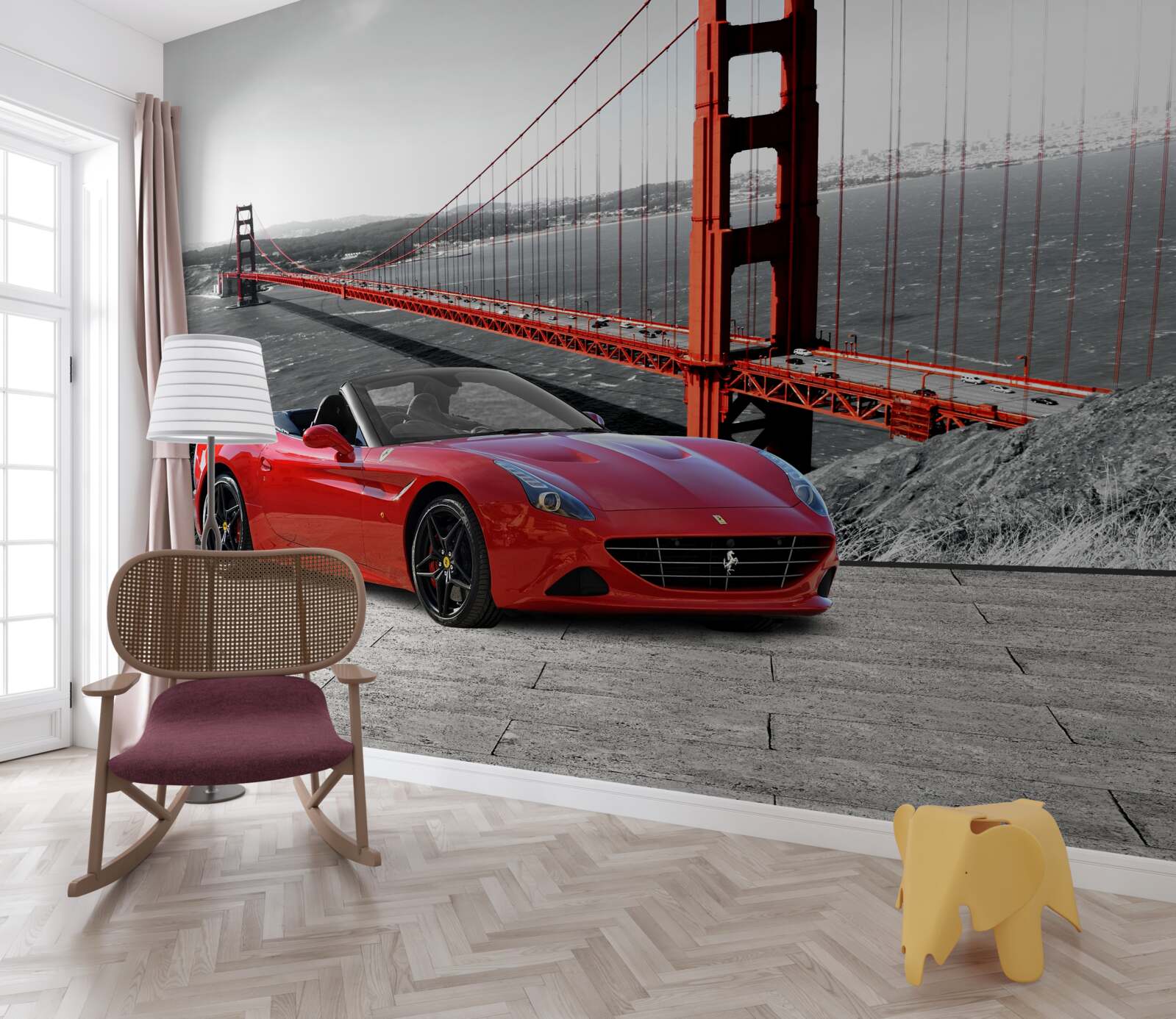 Fototapeta czerwony samochód i most