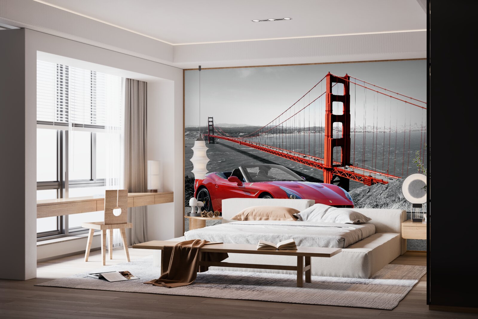 Fototapeta czerwony samochód i most