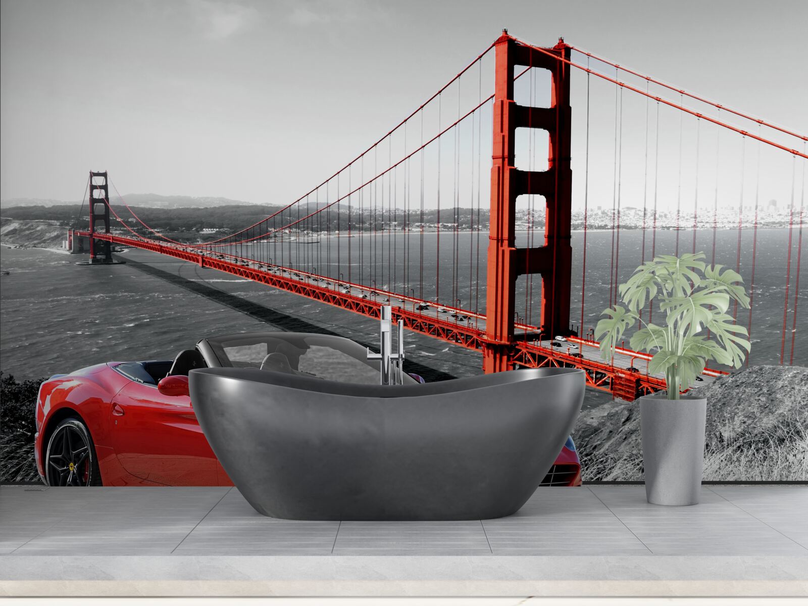 Fototapeta czerwony samochód i most