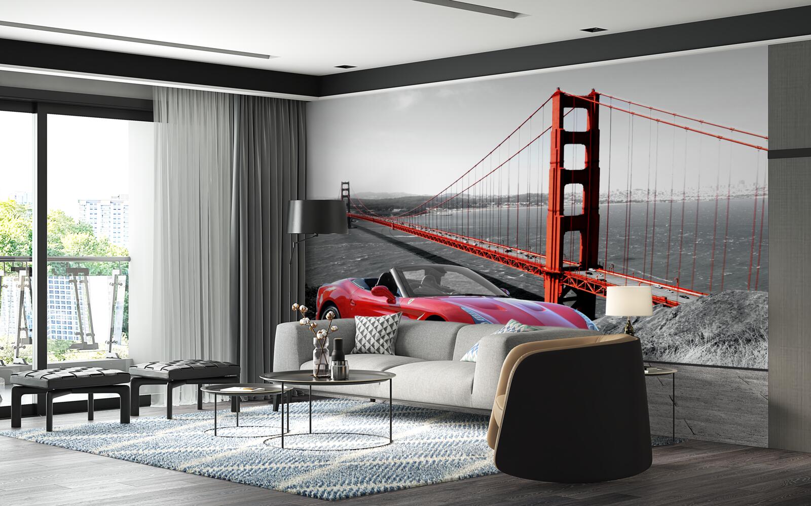 Fototapeta czerwony samochód i most