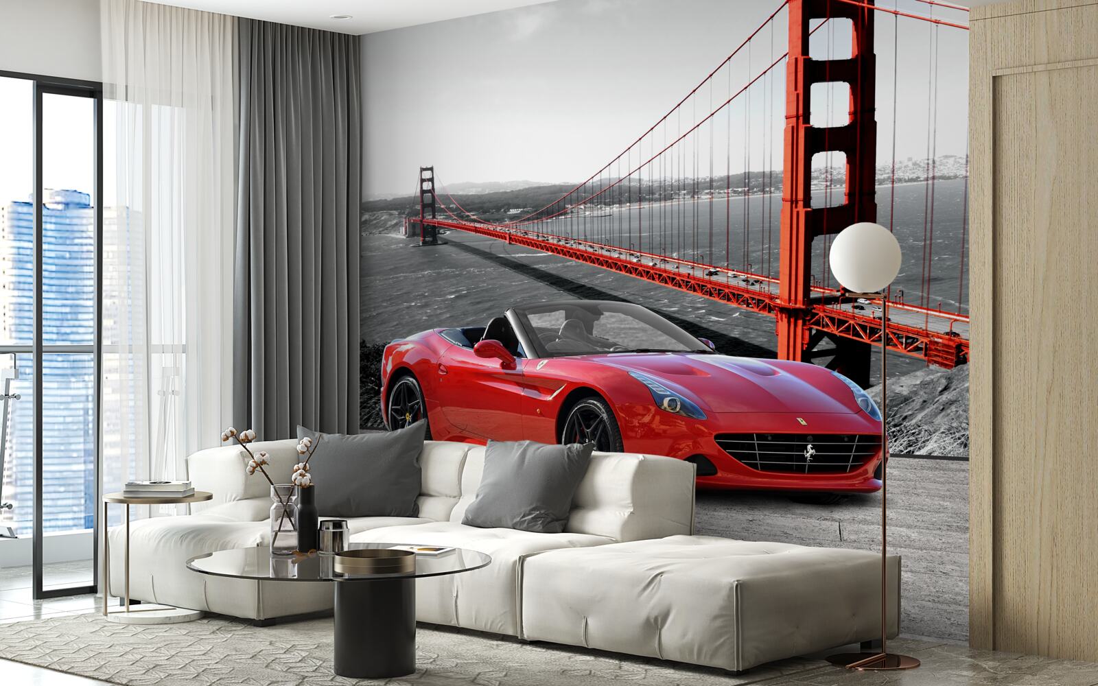 Fototapeta czerwony samochód i most