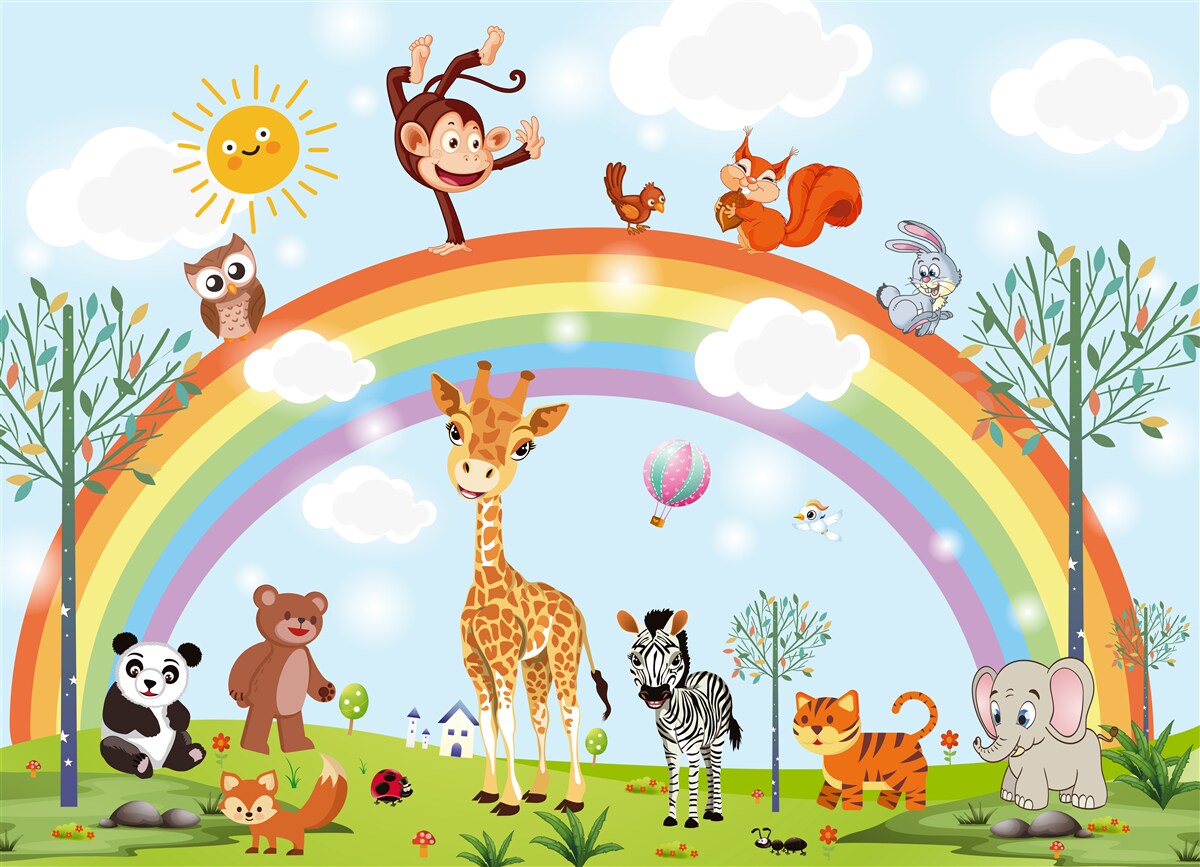 Fototapeta zwierzęta dobrze się bawią, obserwując tęczę