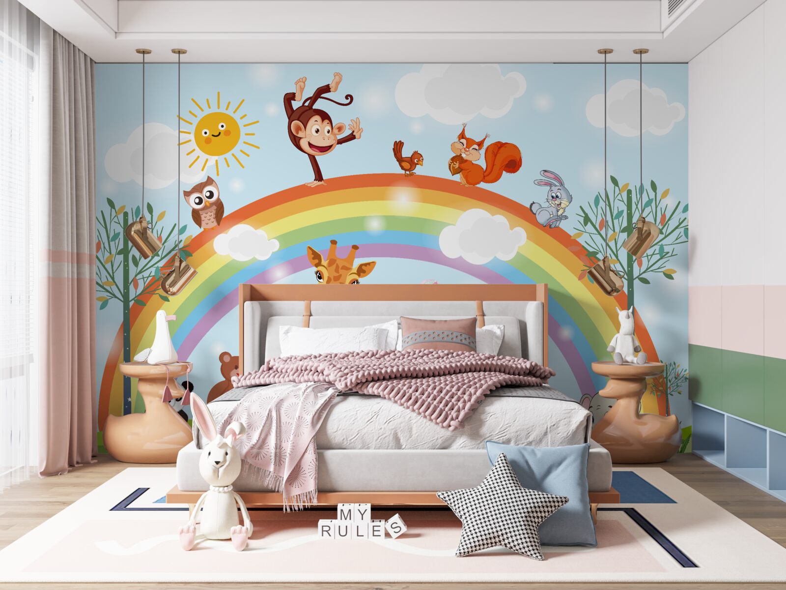 Fototapeta zwierzęta dobrze się bawią, obserwując tęczę