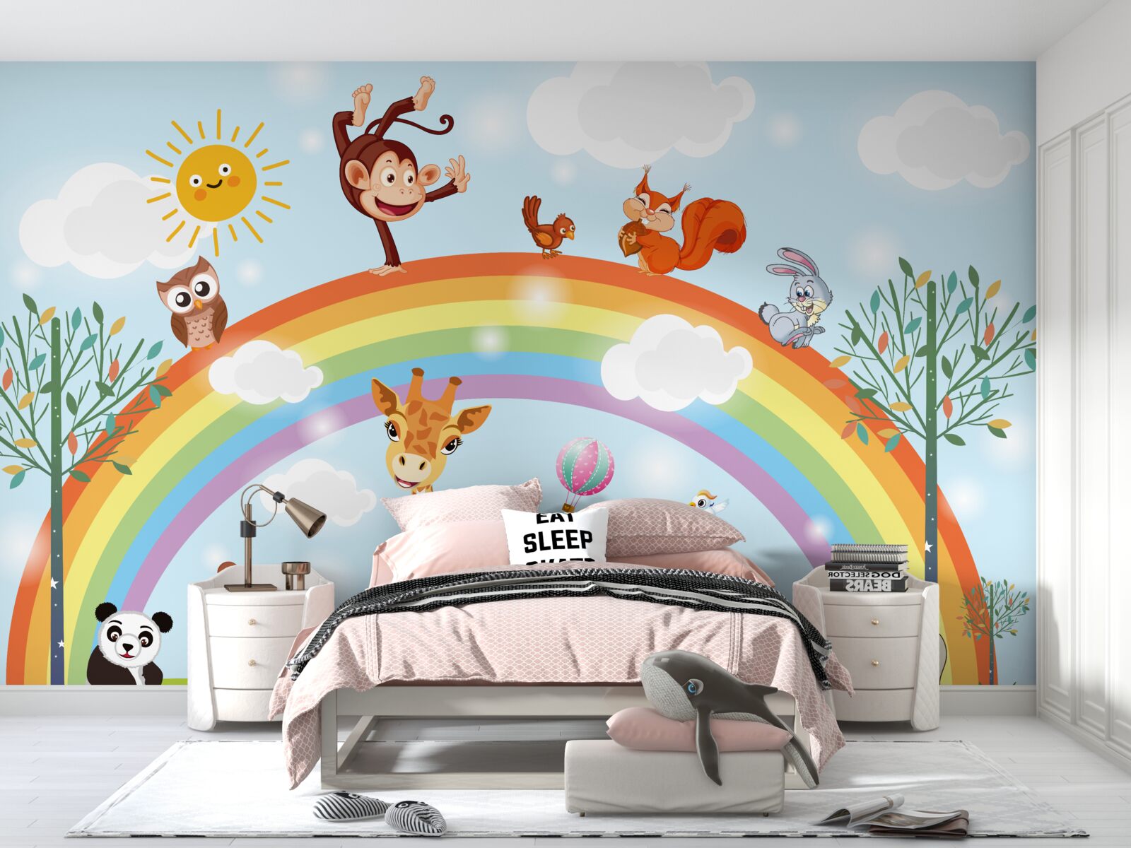 Fototapeta zwierzęta dobrze się bawią, obserwując tęczę