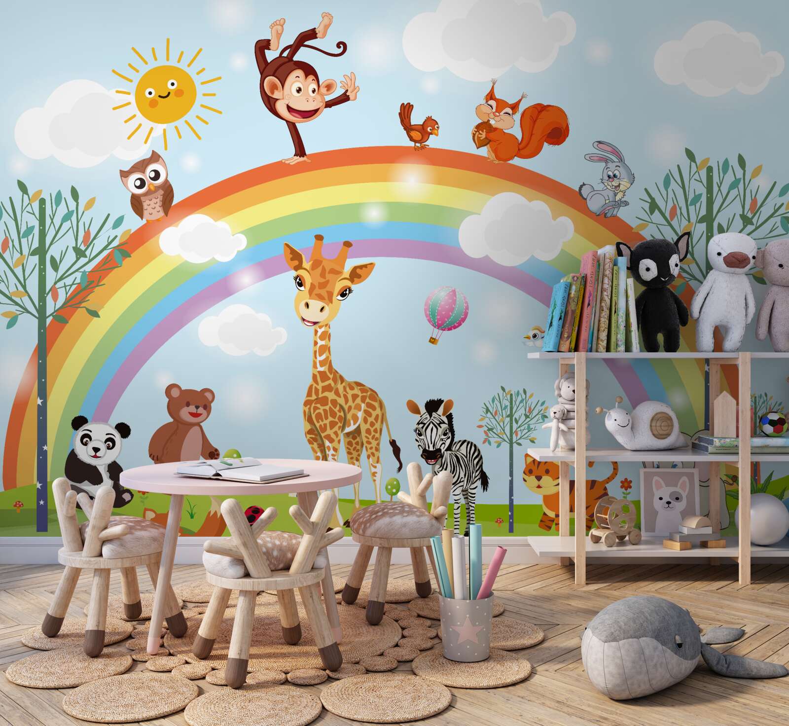 Fototapeta zwierzęta dobrze się bawią, obserwując tęczę