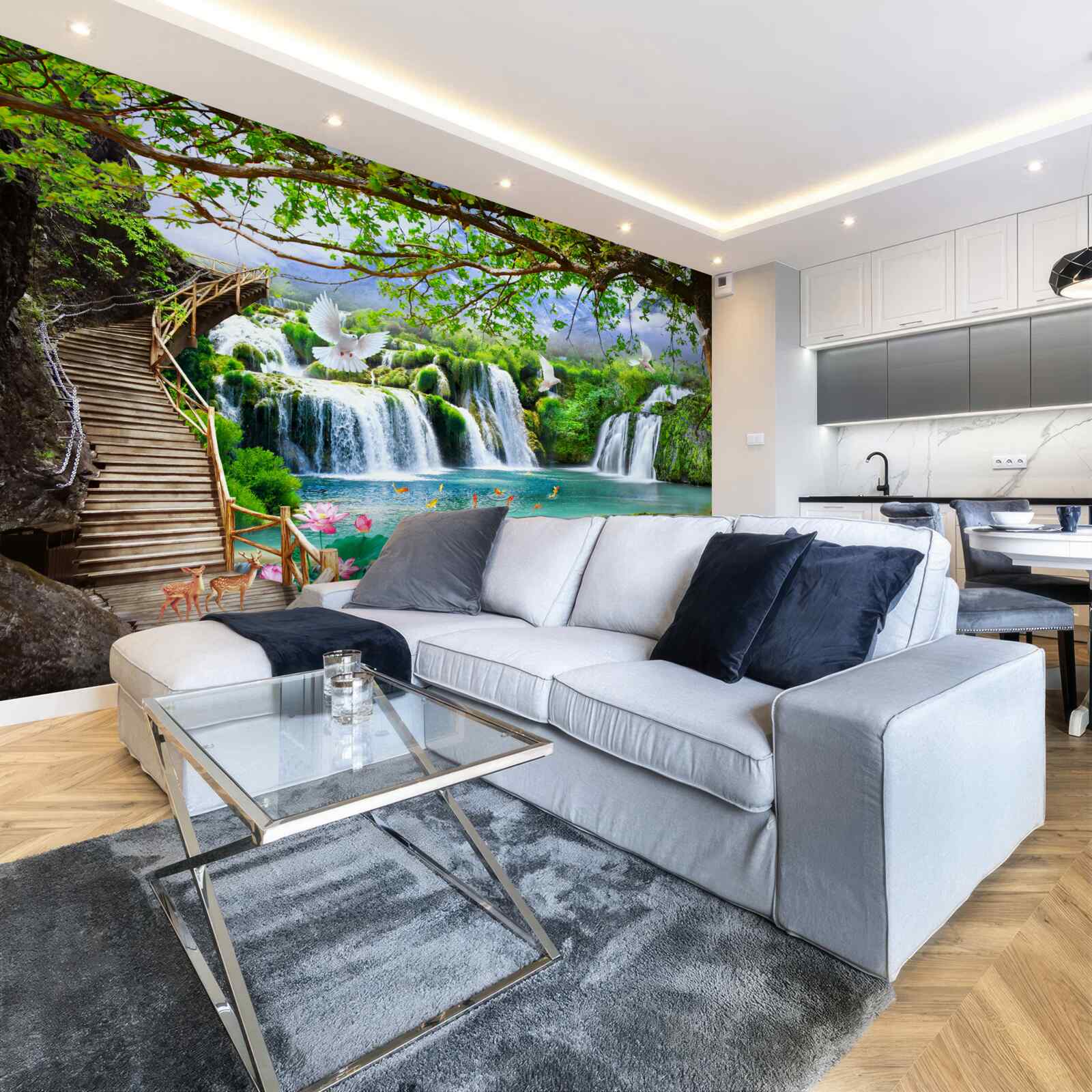 Fototapeta zdjęcie z wodospadami i zieloną roślinnością