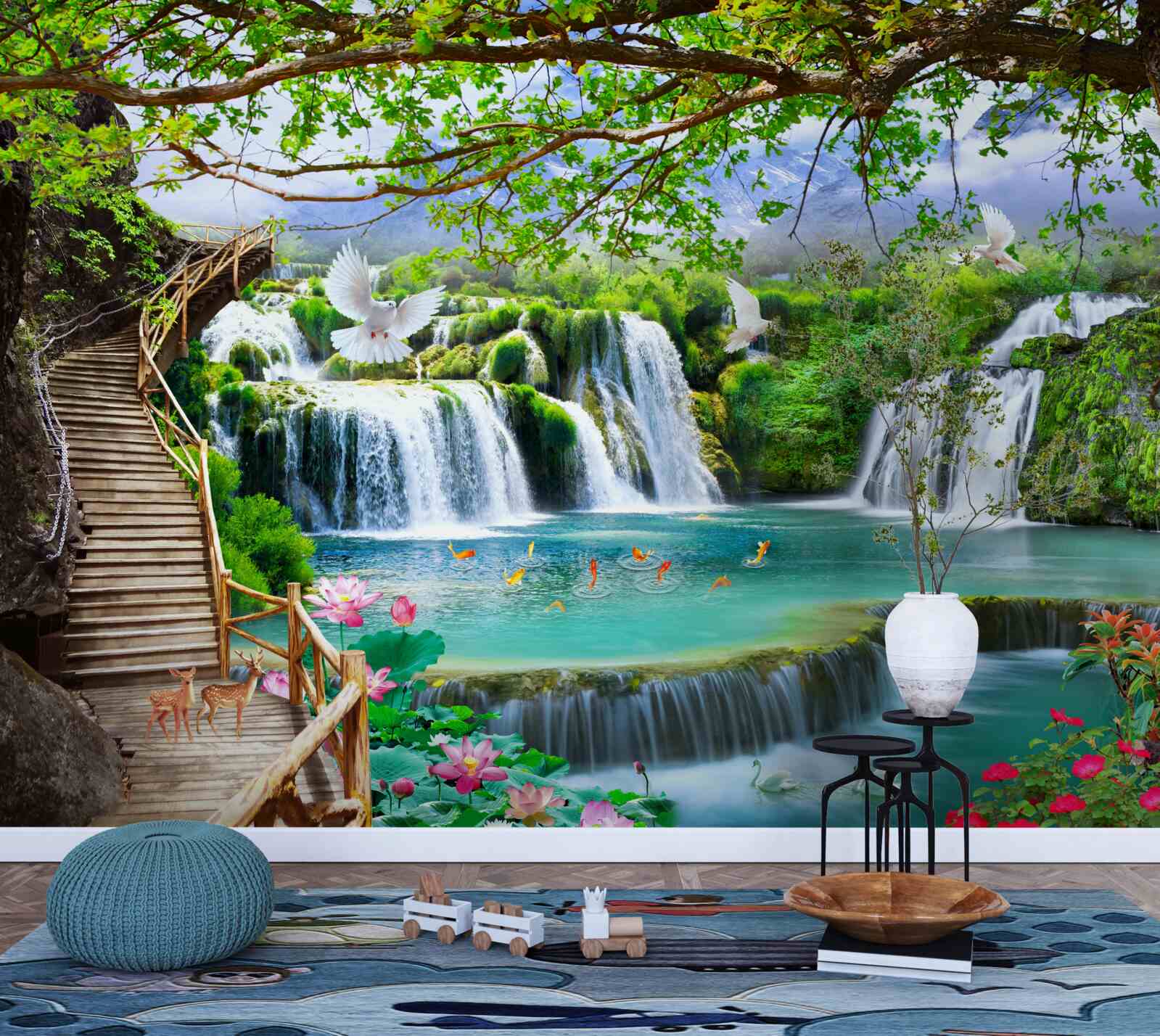 Fototapeta zdjęcie z wodospadami i zieloną roślinnością