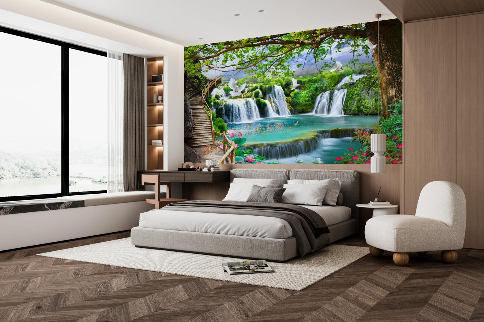 Fototapeta zdjęcie z wodospadami i zieloną roślinnością