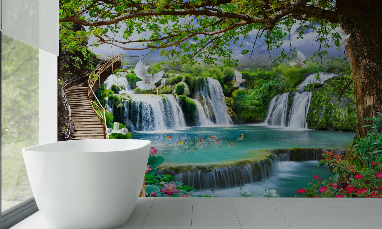 Fototapeta zdjęcie z wodospadami i zieloną roślinnością