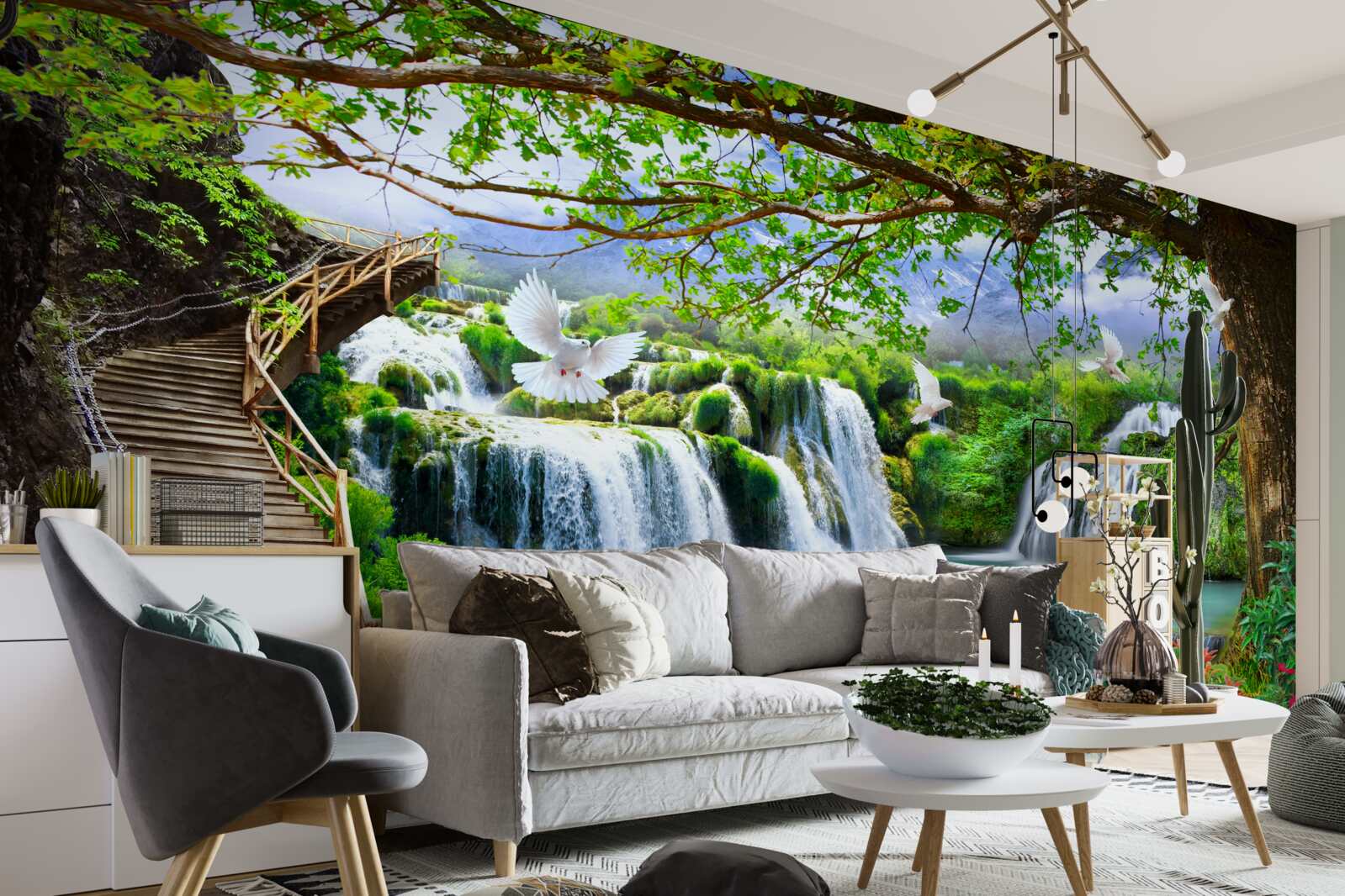 Fototapeta zdjęcie z wodospadami i zieloną roślinnością