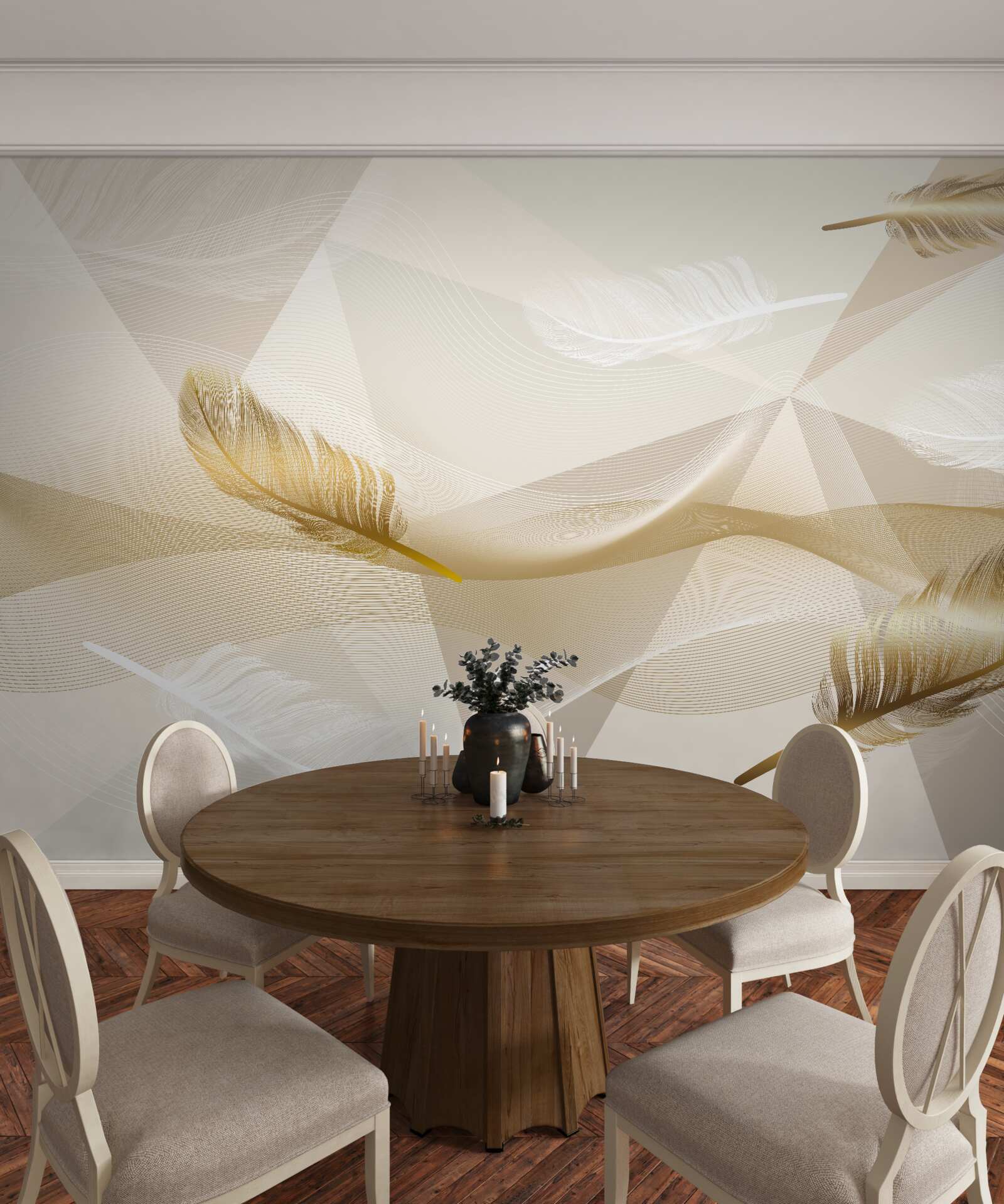 Fototapeta latające pióra i geometryczne kształty