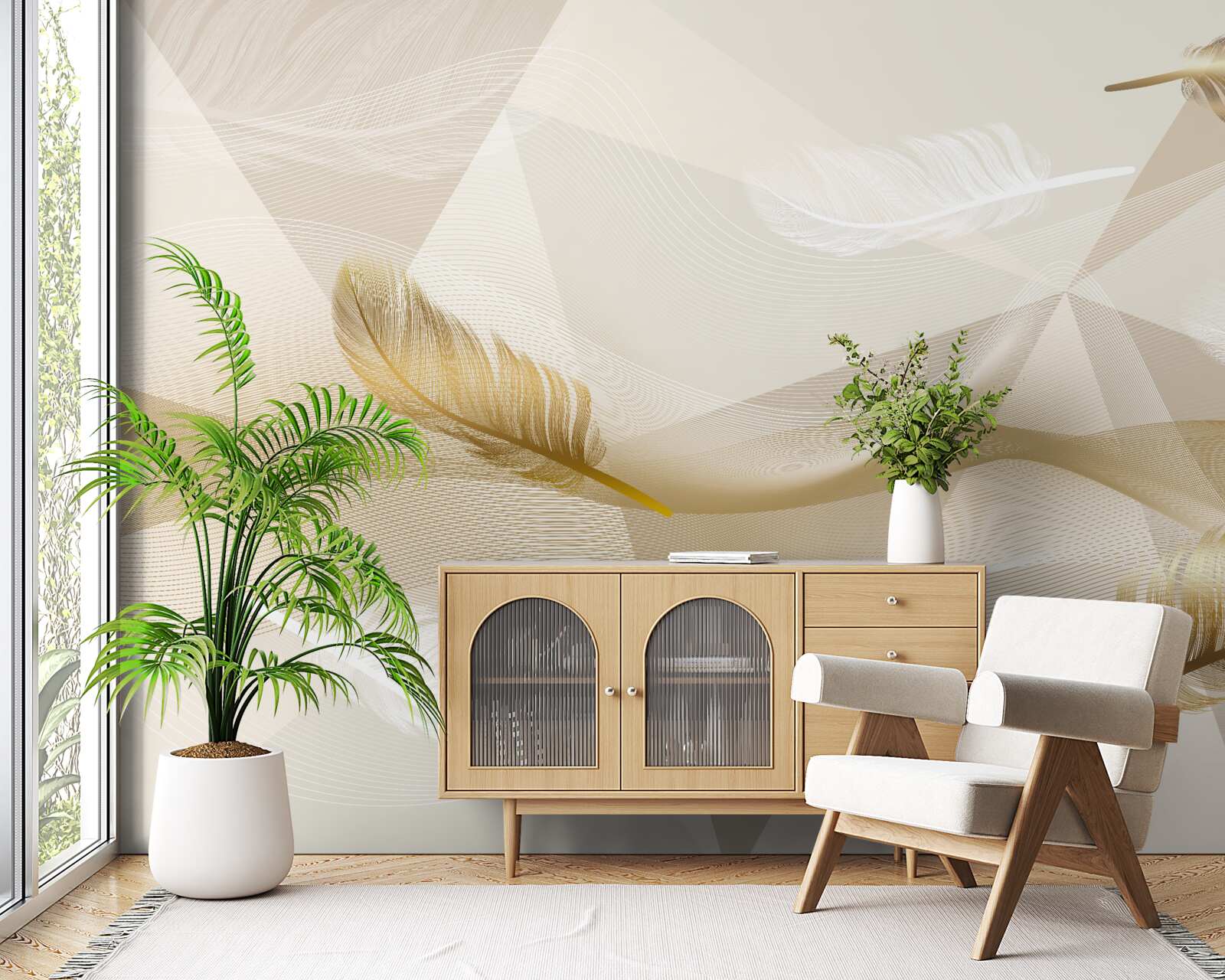 Fototapeta latające pióra i geometryczne kształty