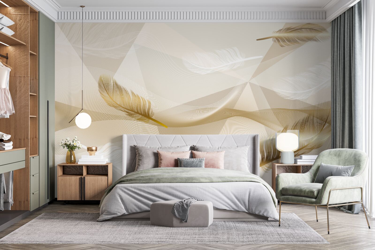 Fototapeta latające pióra i geometryczne kształty