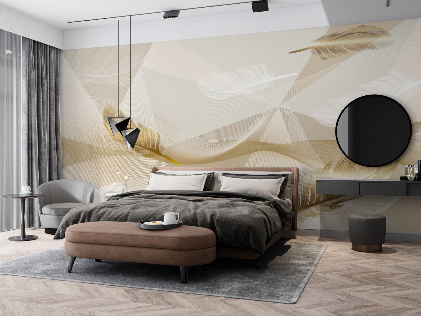 Fototapeta latające pióra i geometryczne kształty