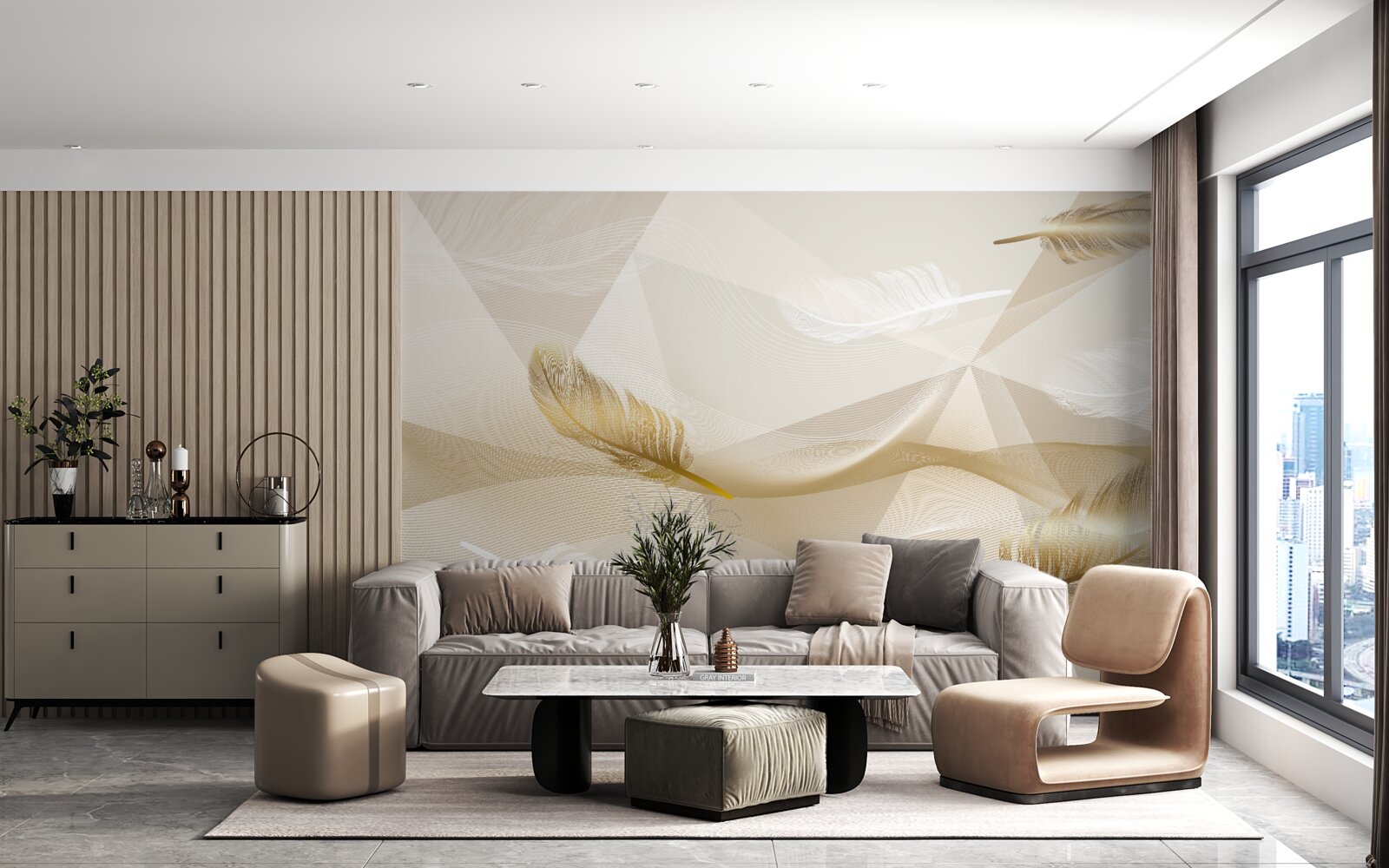 Fototapeta latające pióra i geometryczne kształty