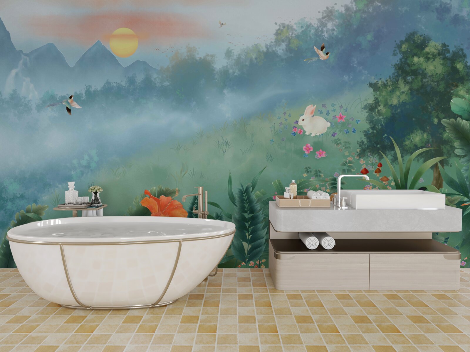 Fototapeta wschód słońca nad górską polaną