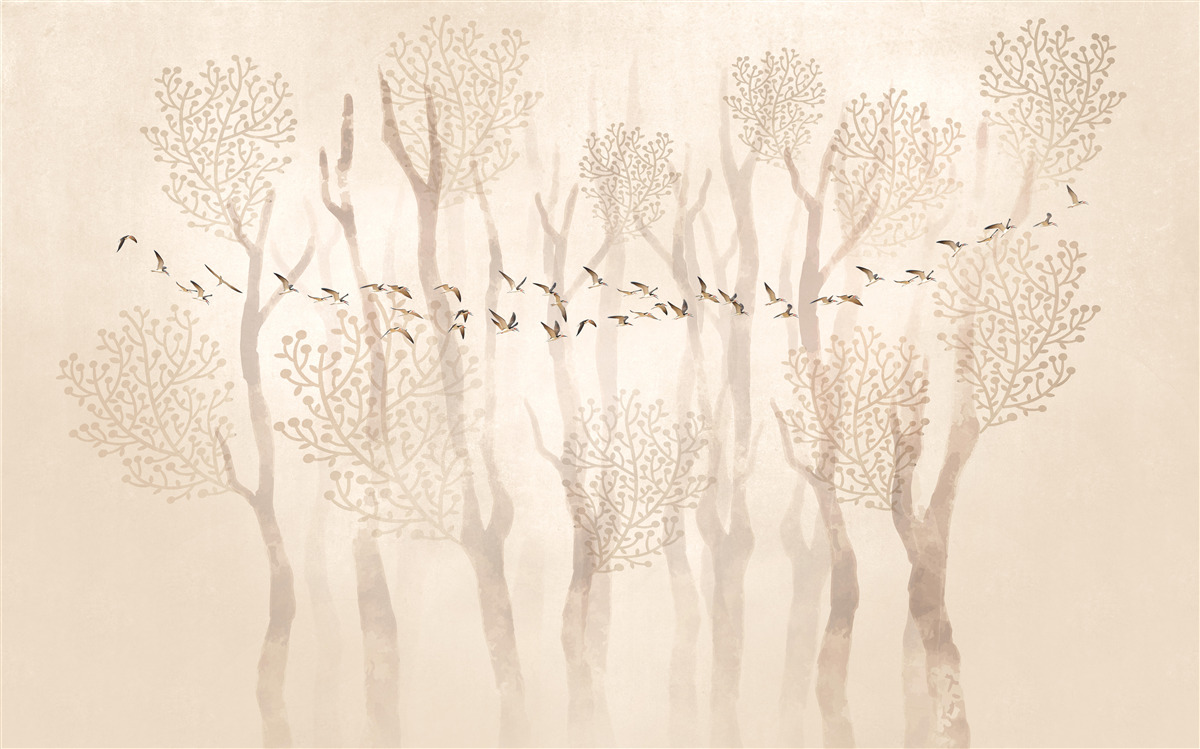 Fototapeta pełen wdzięku drzewa i grupa ptaków