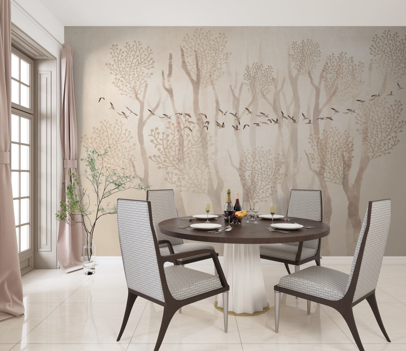 Fototapeta pełen wdzięku drzewa i grupa ptaków