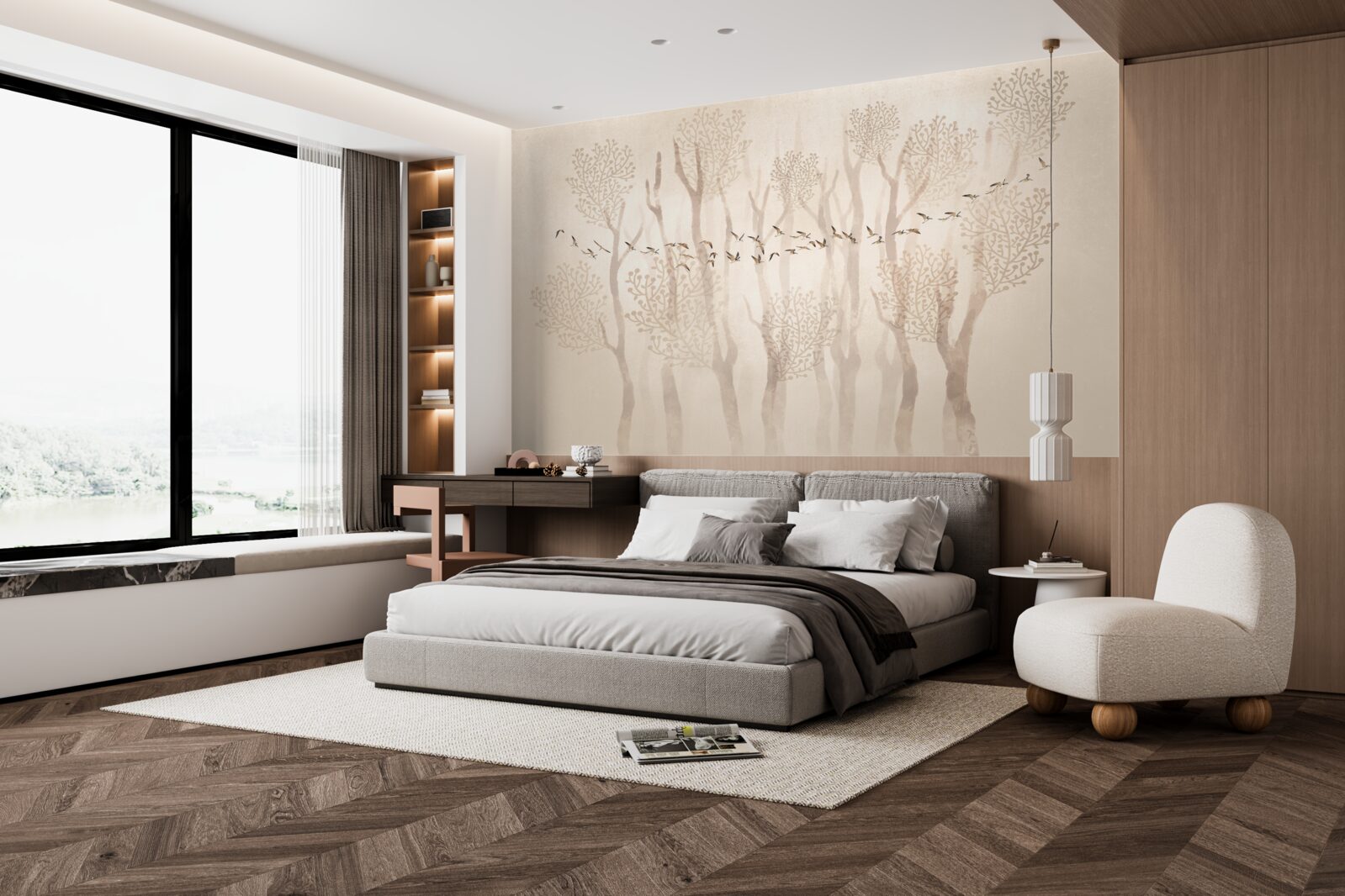 Fototapeta pełen wdzięku drzewa i grupa ptaków