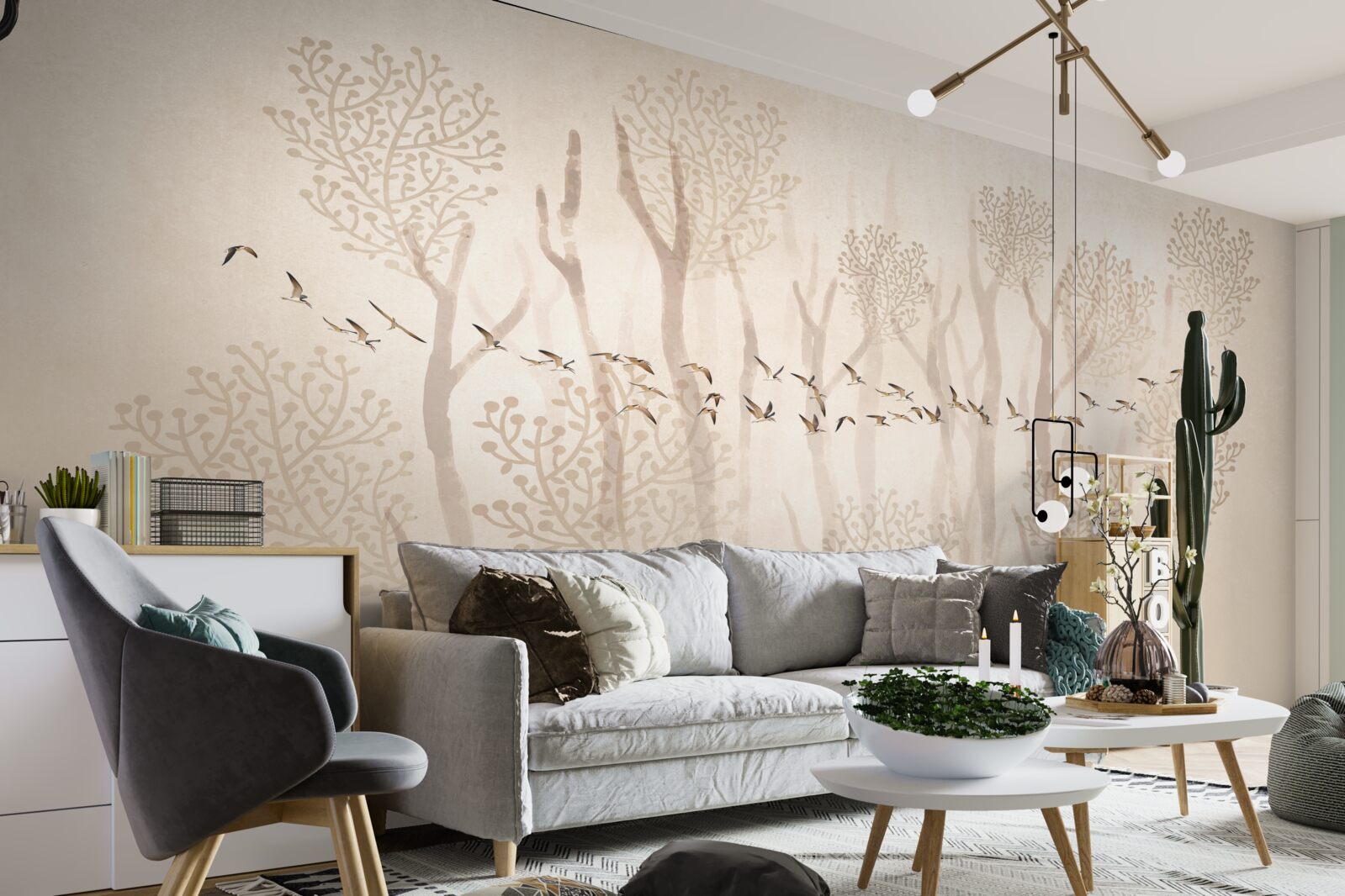 Fototapeta pełen wdzięku drzewa i grupa ptaków