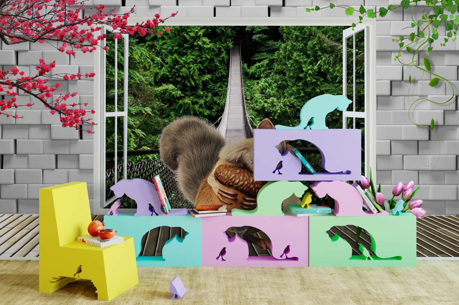 Fototapeta z okna widać rysowaną wiewiórkę