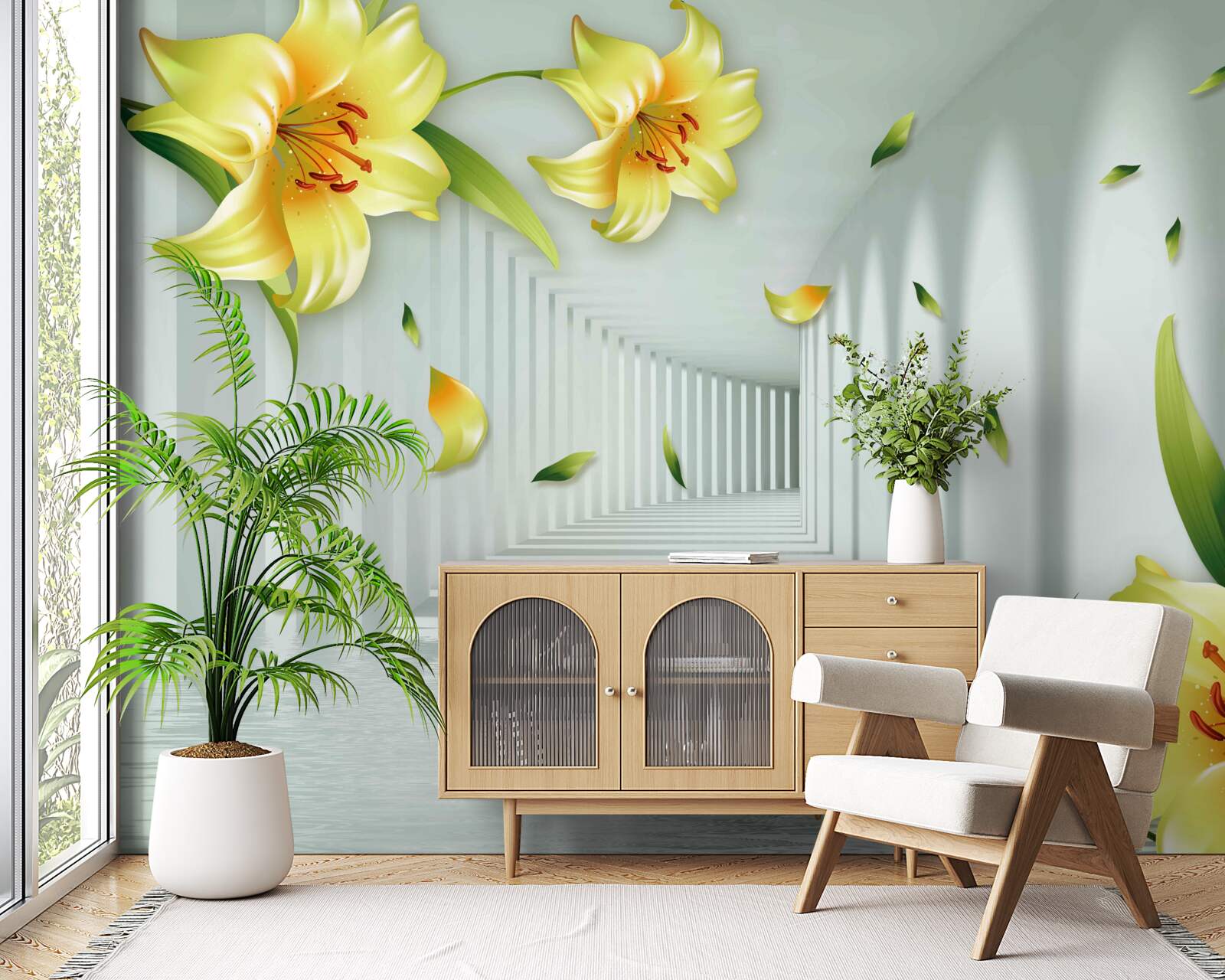 Fototapeta trójwymiarowy tunel z żółtymi liliami