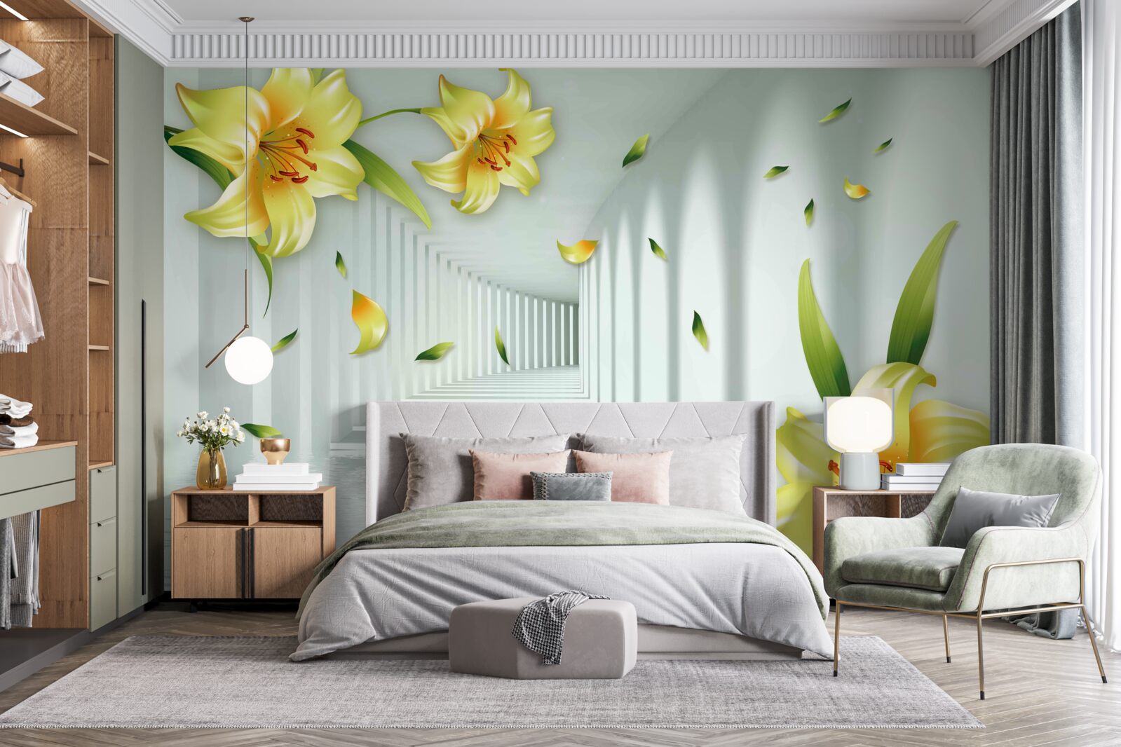 Fototapeta trójwymiarowy tunel z żółtymi liliami