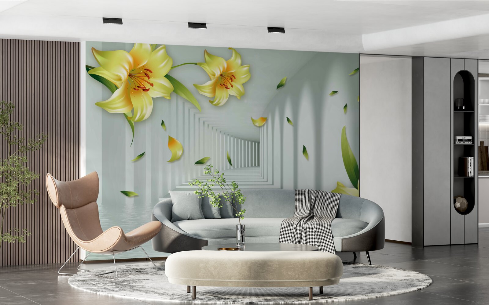 Fototapeta trójwymiarowy tunel z żółtymi liliami