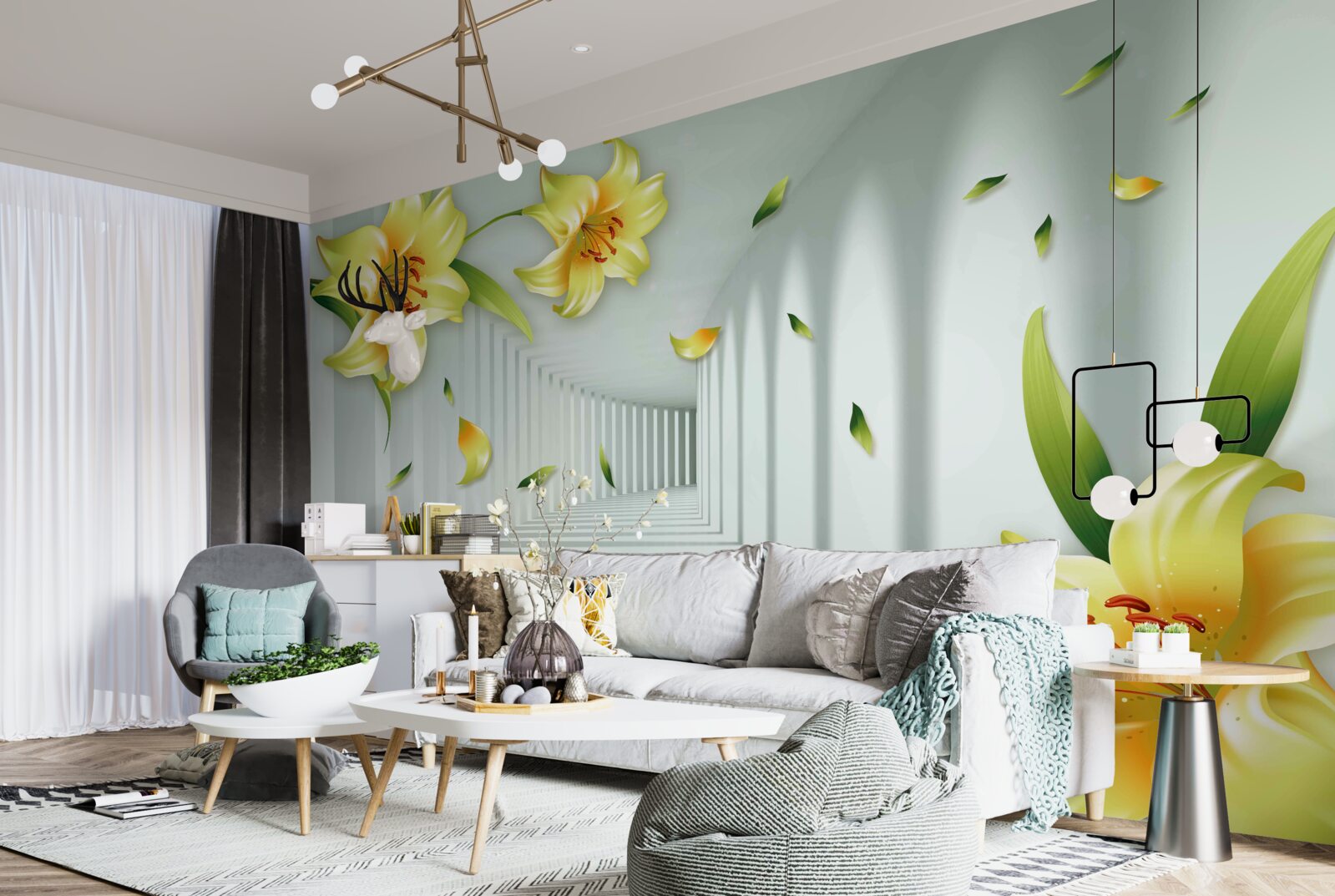 Fototapeta trójwymiarowy tunel z żółtymi liliami