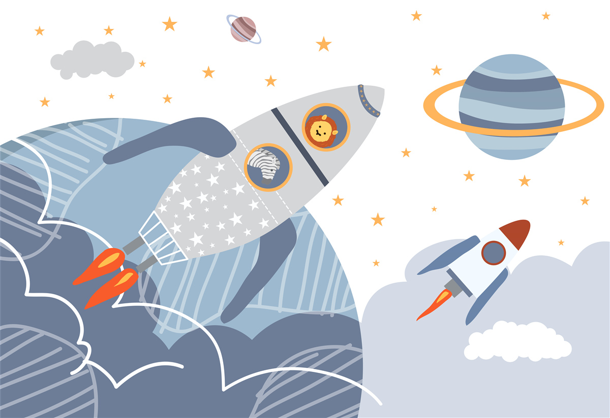 Fototapeta zebra i lew lecą na rakiecie