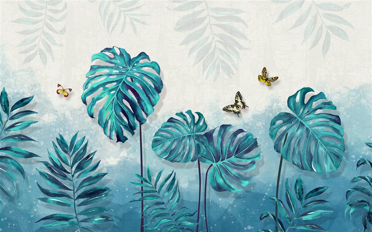 Fototapeta liście monstery są w kolorze niebieskim, ozdobione motylami