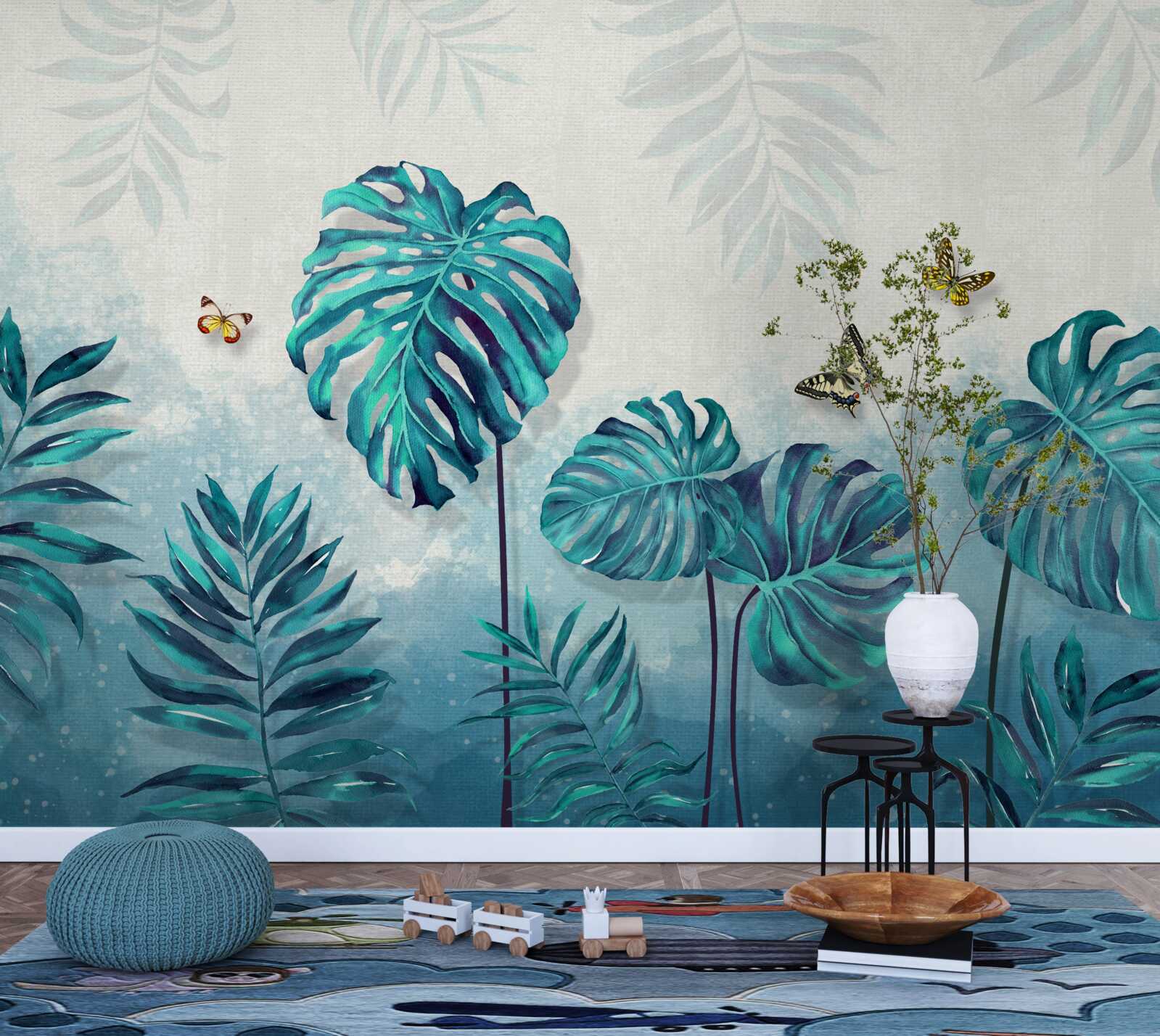 Fototapeta liście monstery są w kolorze niebieskim, ozdobione motylami