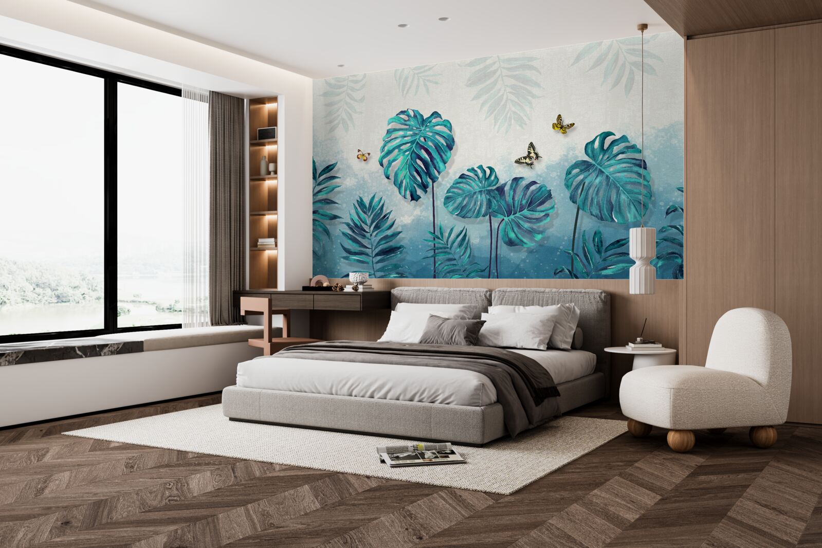 Fototapeta liście monstery są w kolorze niebieskim, ozdobione motylami