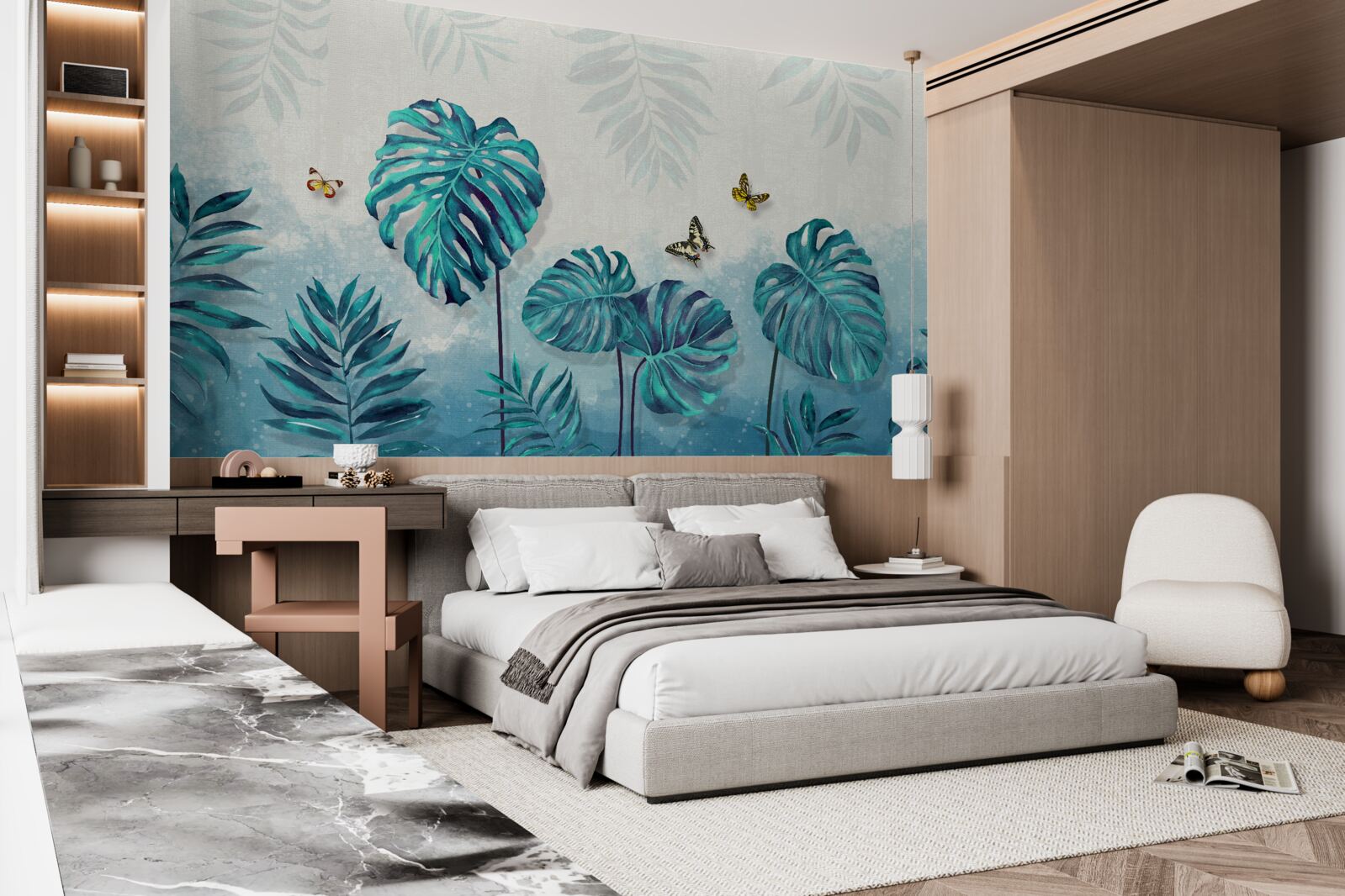 Fototapeta liście monstery są w kolorze niebieskim, ozdobione motylami